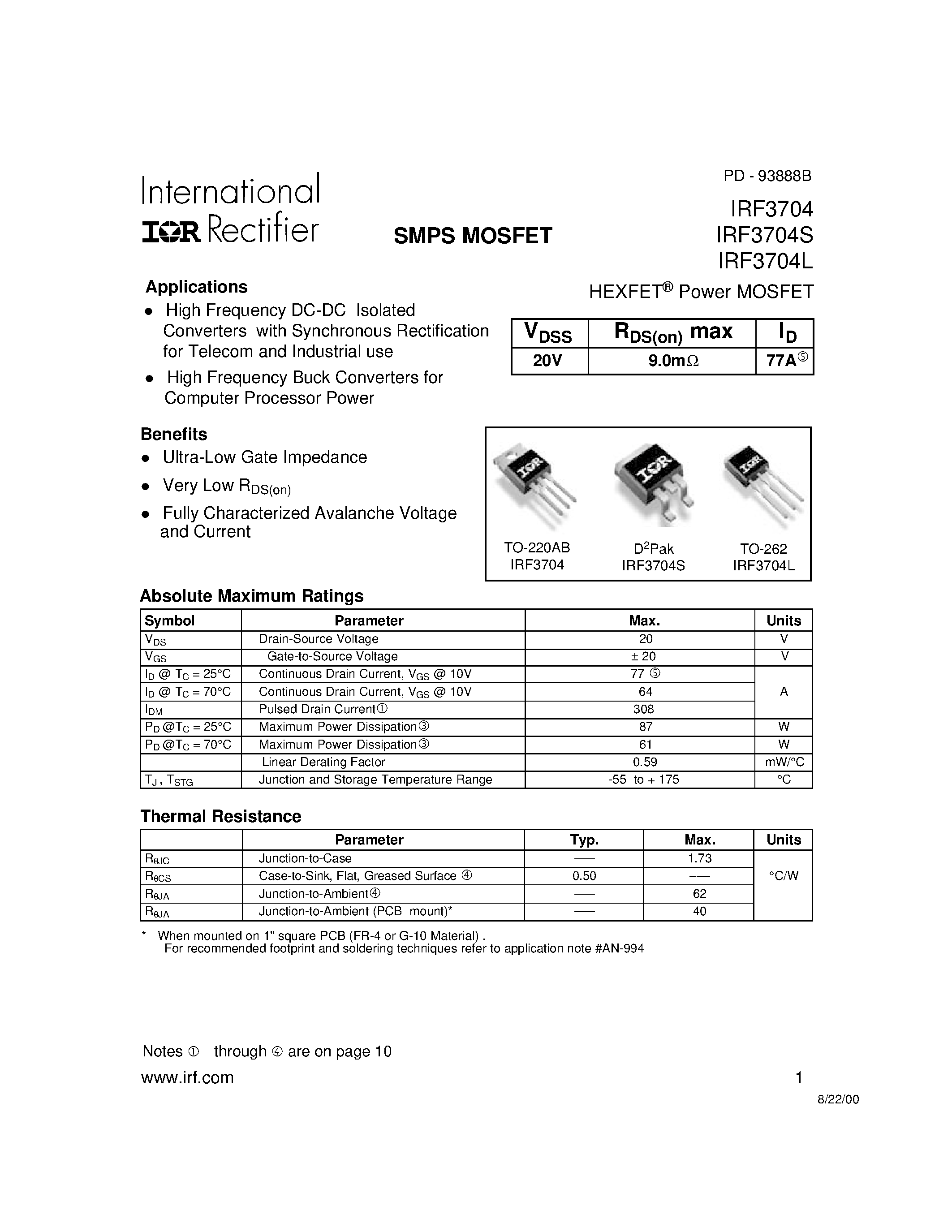 Даташит IRF3704 - Power MOSFET(Vdss=20V/ Rds(on)max=9.0mohm/ Id=77A) страница 1