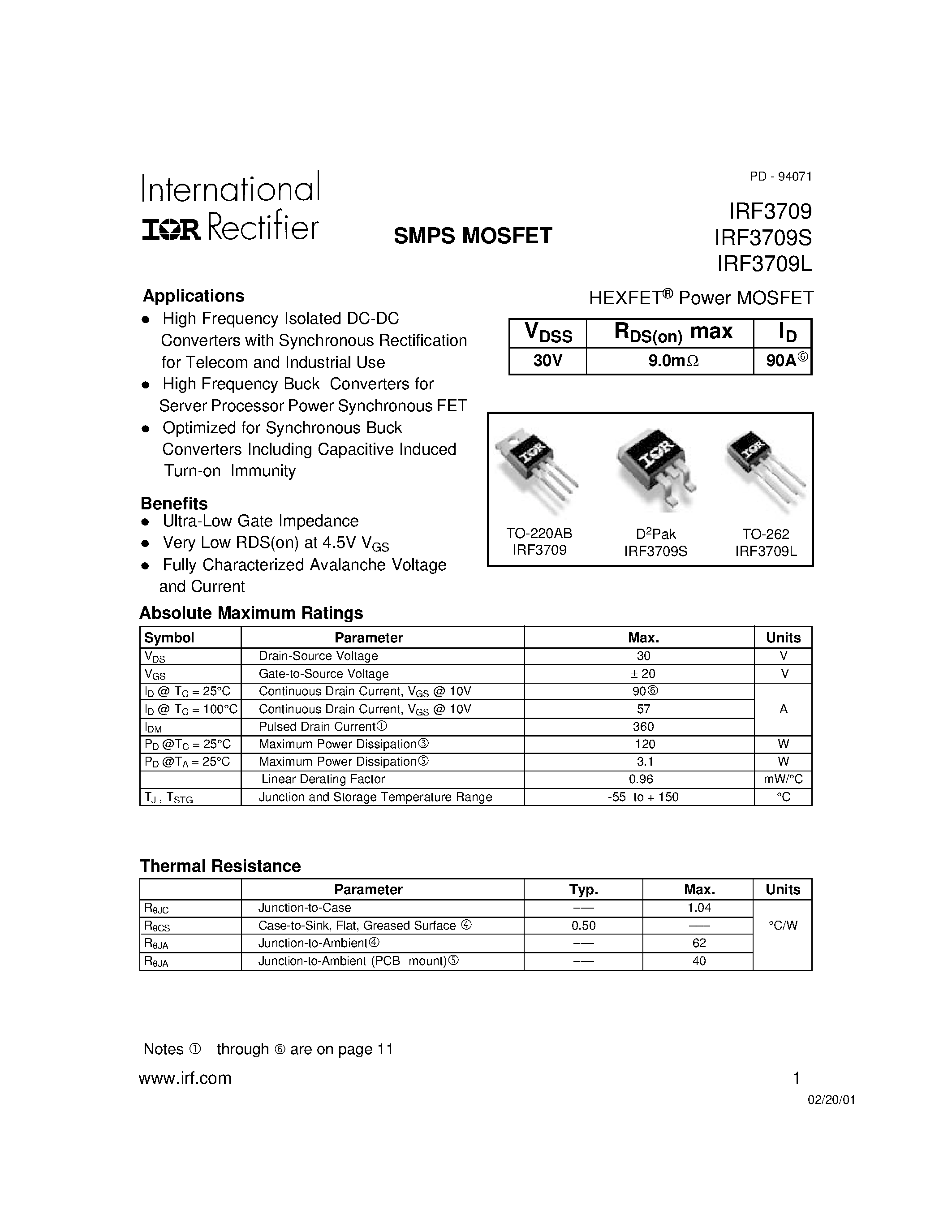 Даташит IRF3709 - Power MOSFET(Vdss=30V/ Rds(on)max=9.0mohm/ Id=90A) страница 1