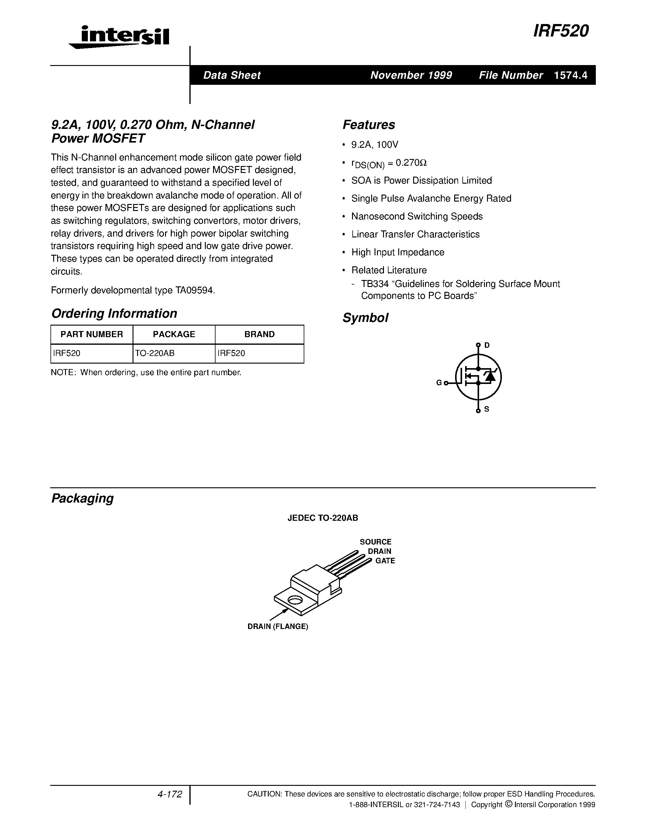 Даташит IRF520 - 9.2A/ 100V/ 0.270 Ohm/ N-Channel Power MOSFET страница 1