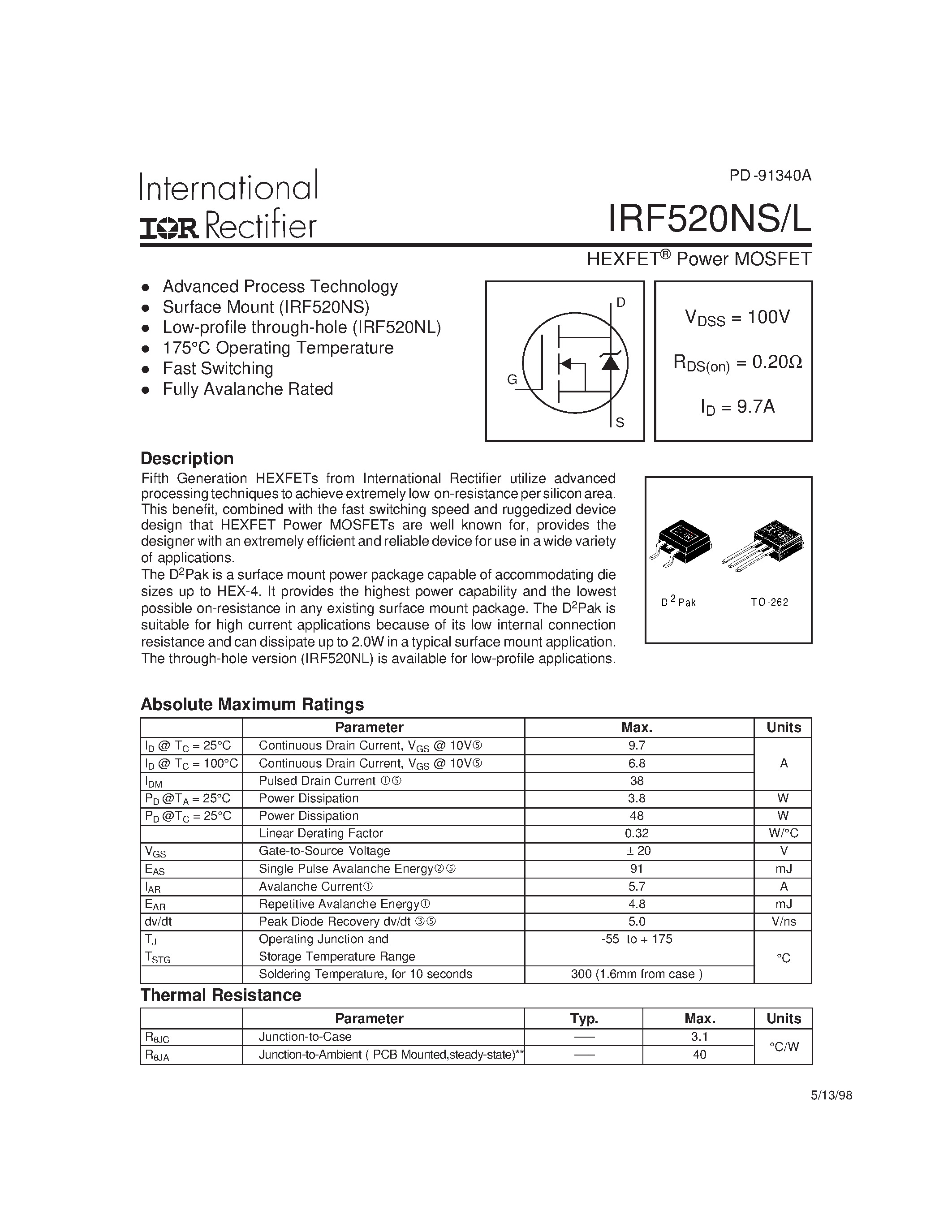 Даташит IRF520L - Power MOSFET(Vdss=100V/ Rds(on)=0.20ohm/ Id=9.7A) страница 1