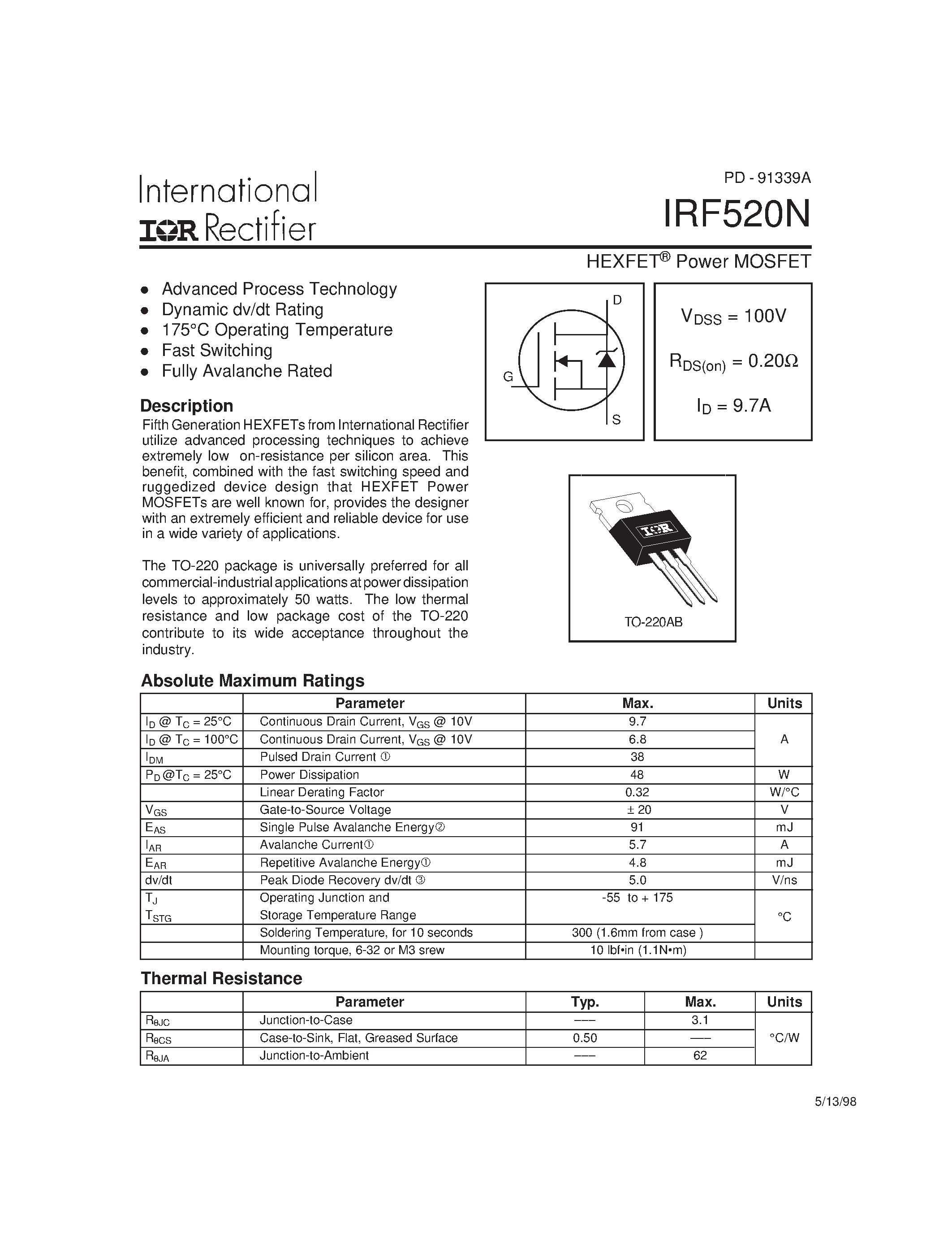 Даташит IRF520N - Power MOSFET(Vdss = 100 V/ Rds(on) = 0.20 Ohm/ Id= 9.7A) страница 1