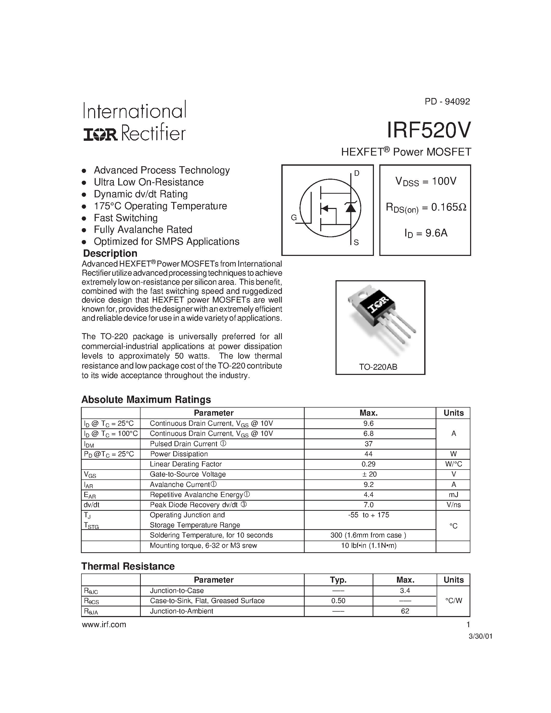 Даташит IRF520V - Power MOSFET(Vdss=100V/ Rds(on)=0.165ohm/ Id=9.6A) страница 1