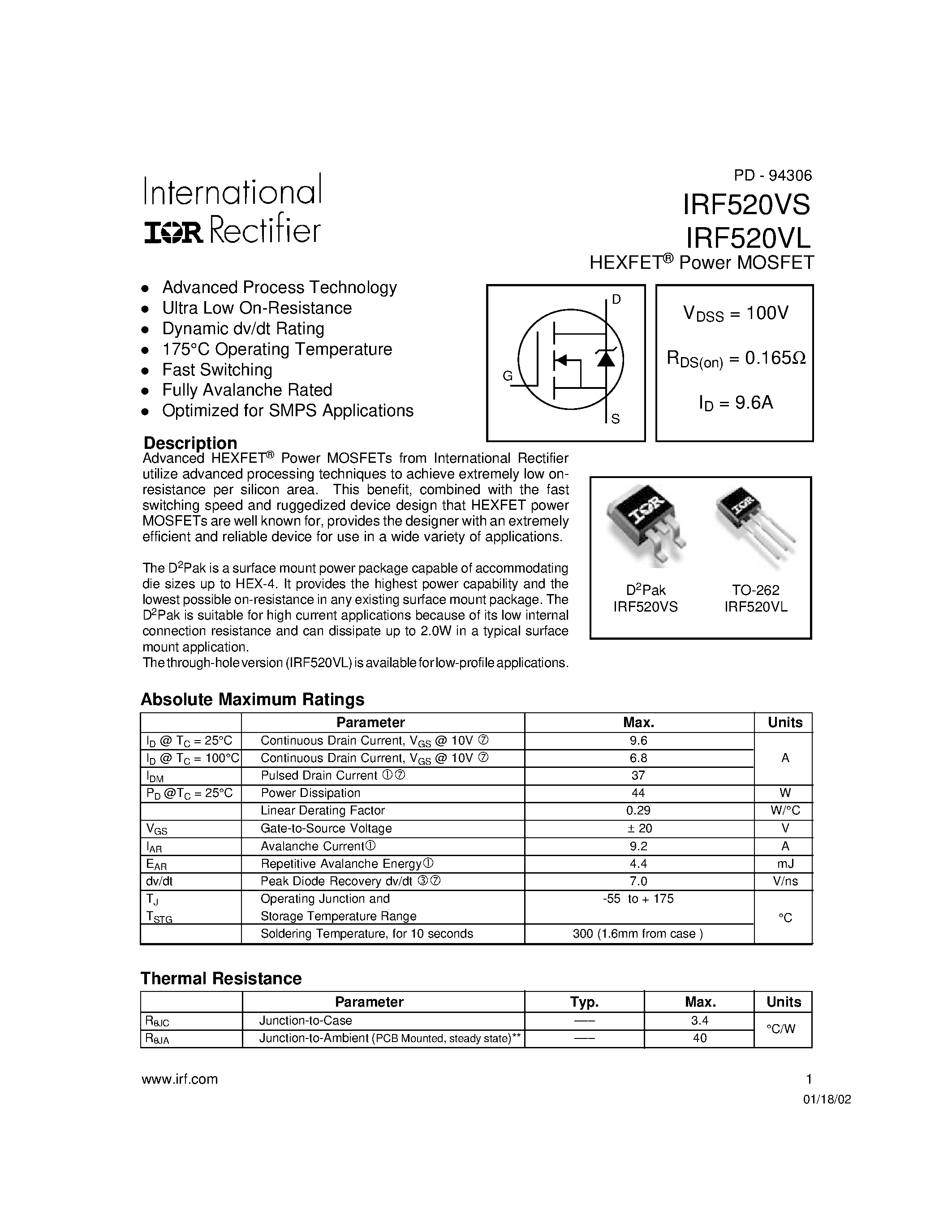 Даташит IRF520VS - Power MOSFET(Vdss=100V/ Rds(on)=0.165ohm/ Id=9.6A) страница 1