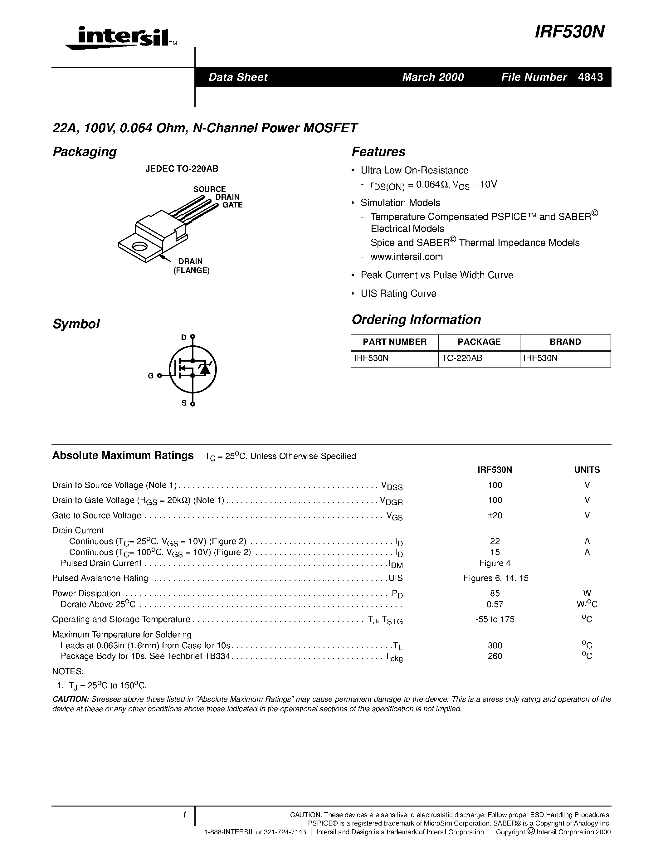 Даташит на микросхему IRF530N страница 1 Даташит IRF530N - 22A/ 100V/ 0.064 Ohm/ N-Channel Power MOSFET страница 1