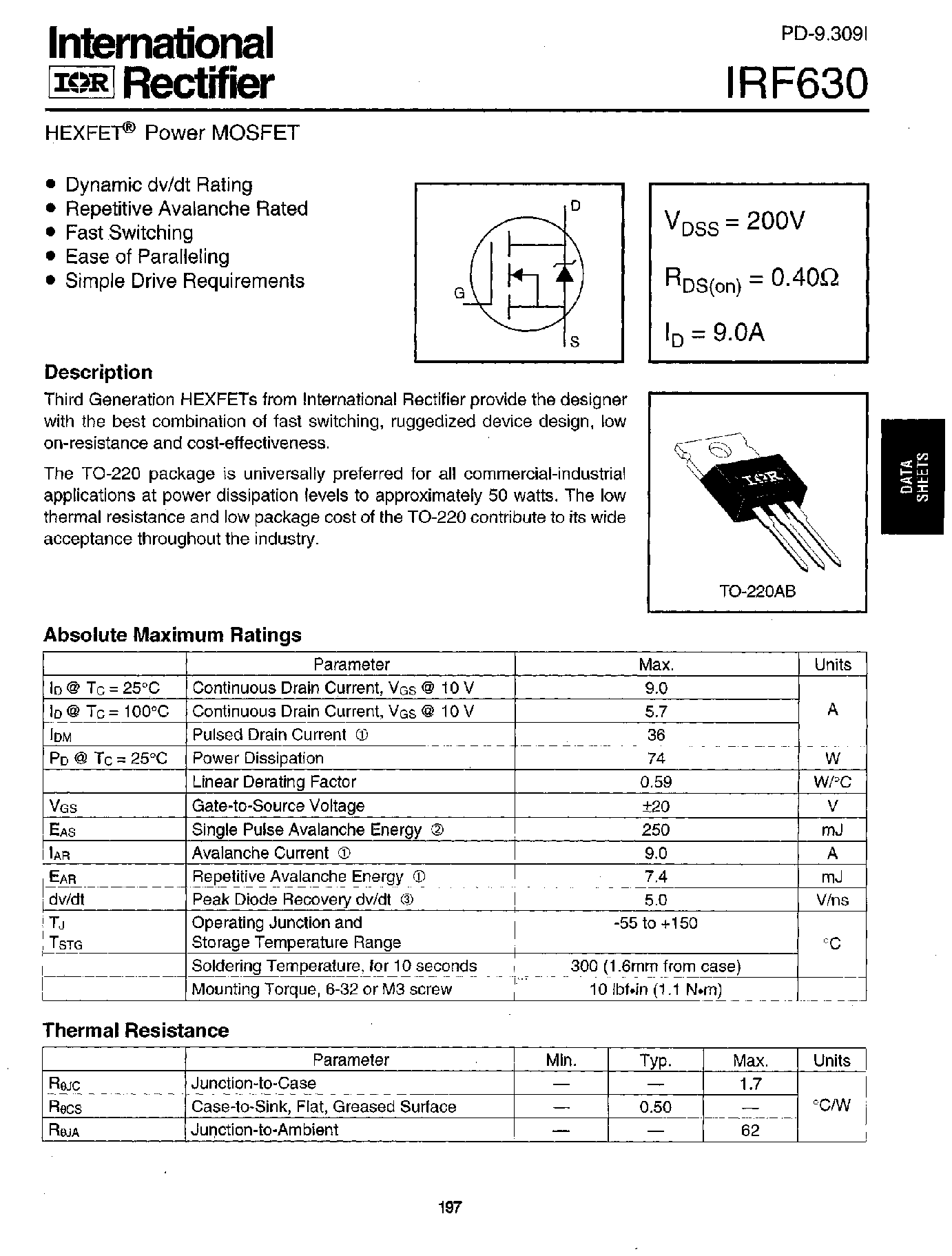 Даташит IRF630 - Power MOSFET(Vdss=200V/ Rds(on)=0.40ohm/ Id=9.0A) страница 1