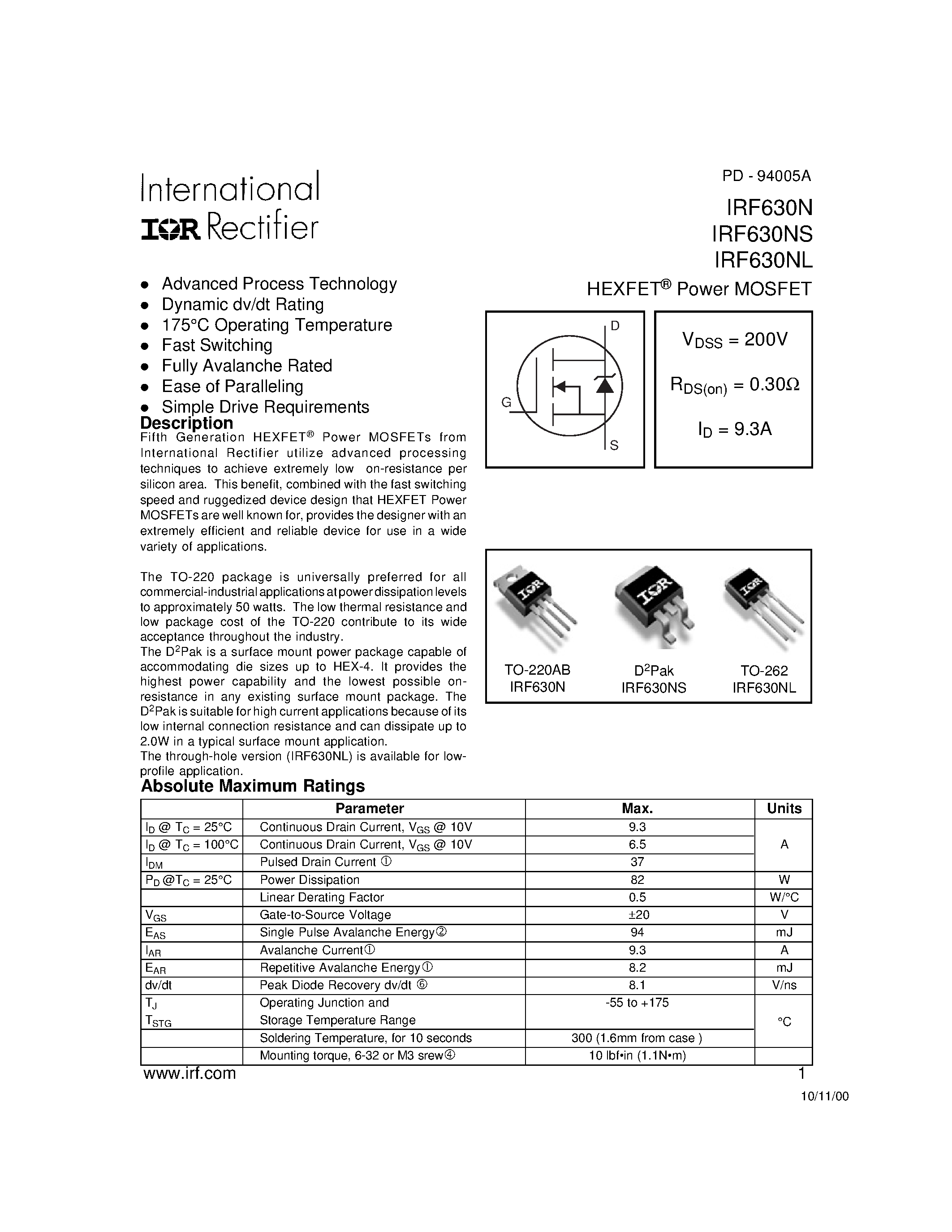 Даташит IRF630NL - Power MOSFET(Vdss=200V/ Rds(on)=0.30ohm/ Id=9.3A) страница 1