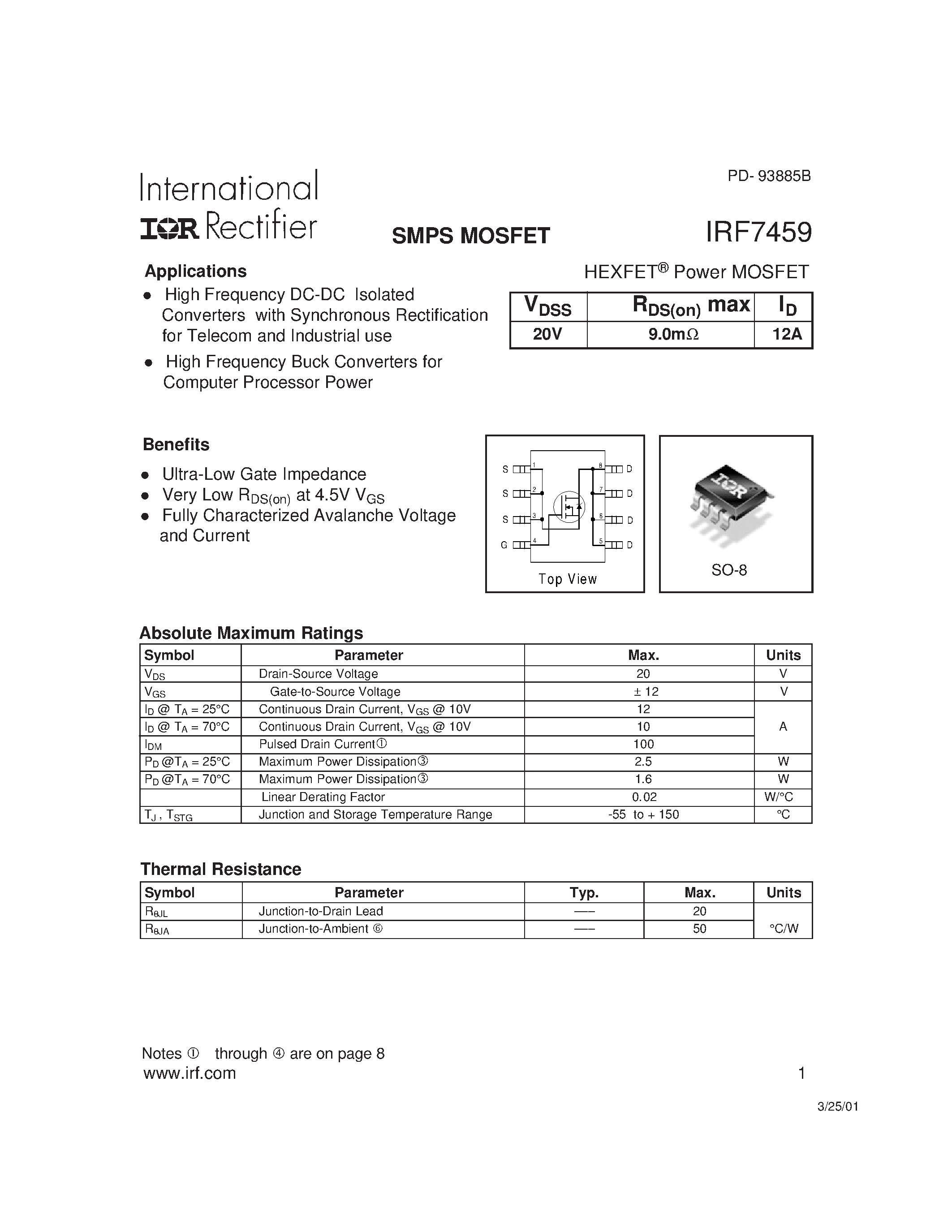 Даташит IRF7459 - Power MOSFET(Vdss=20V/ Rds(on)max=9.0mohm/ Id=12A) страница 1