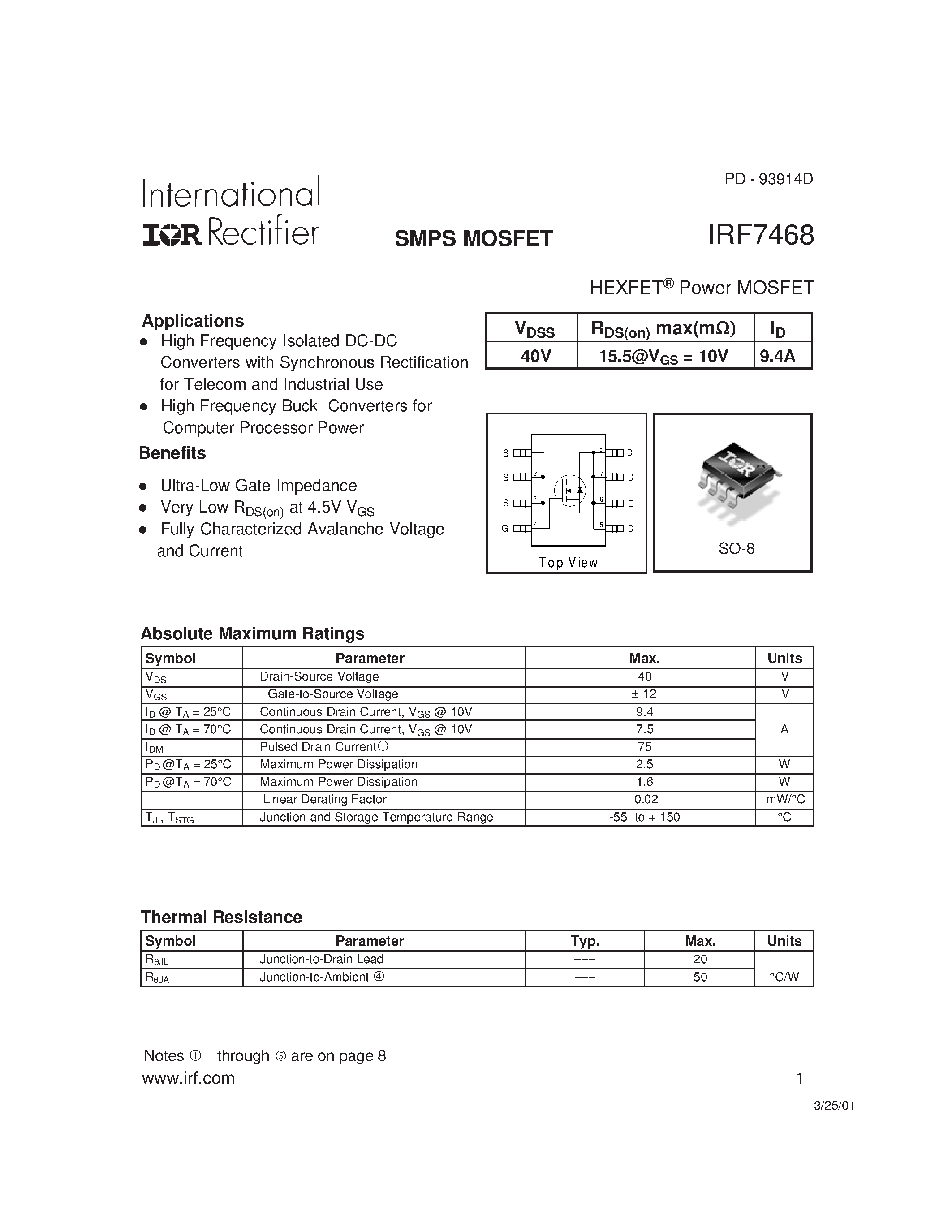 Даташит IRF7468 - Power MOSFET(Vdss=40V/ Id=9.4A) страница 1