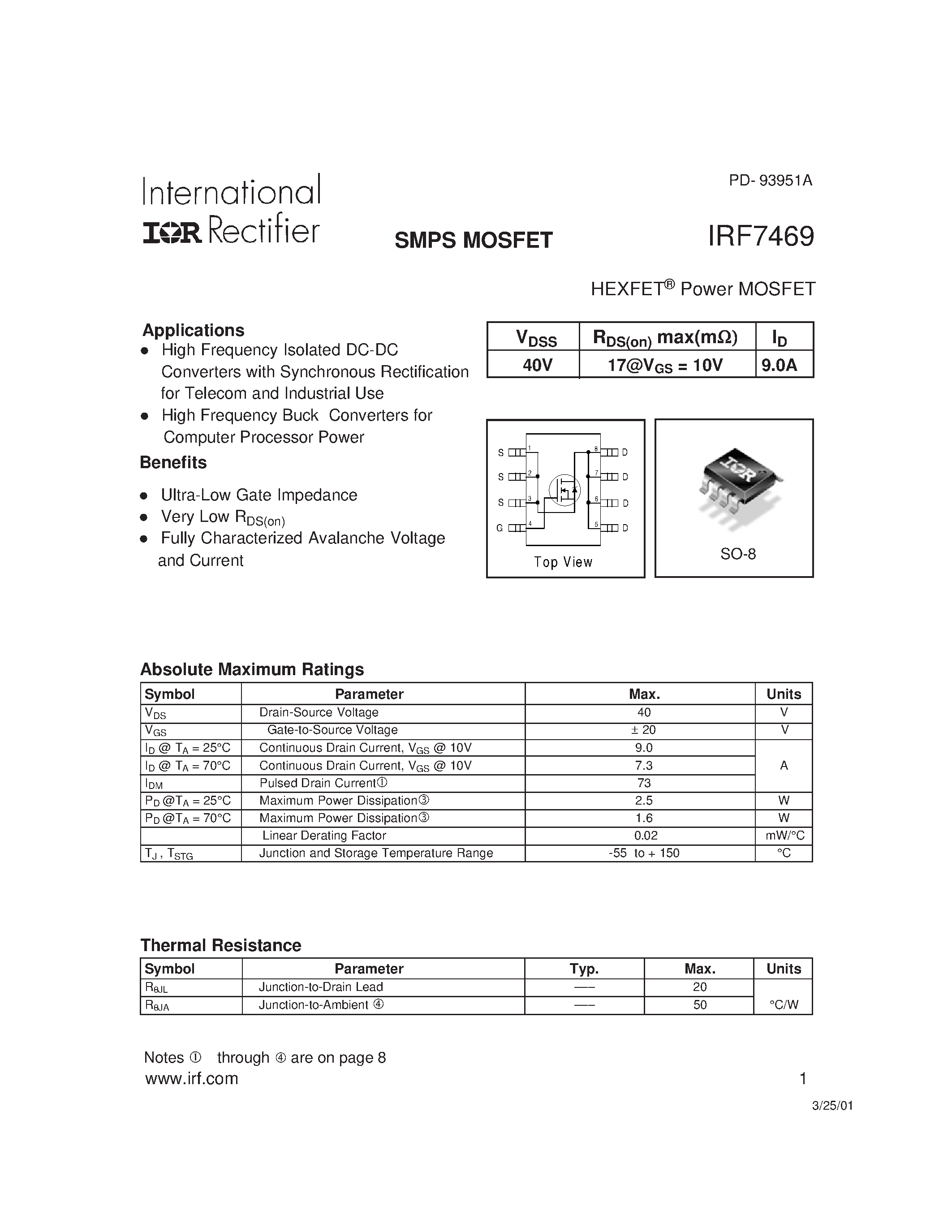 Даташит IRF7469 - Power MOSFET(Vdss=40V/ Id=9.0A) страница 1