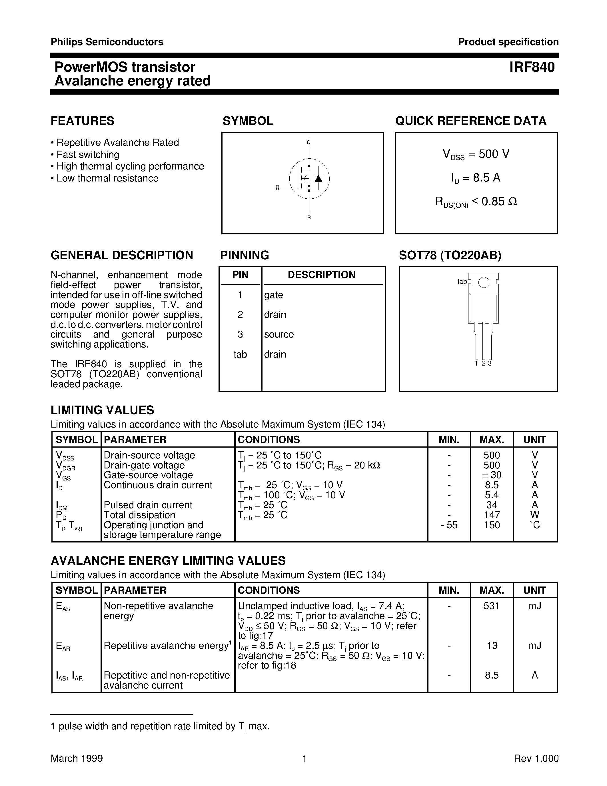 Даташит на микросхему IRF840 страница 1 Даташит IRF840 - PowerMOS transistor Avalanche energy rated страница 1