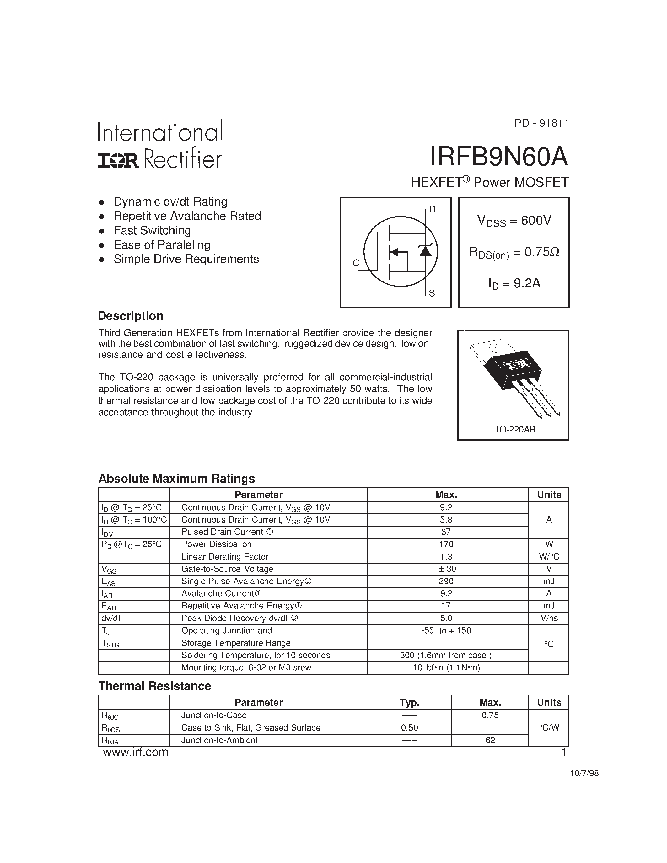 Даташит IRFB9N60A - Power MOSFET(Vdss=600V/ Rds(on)=0.75ohm/ Id=9.2A) страница 1