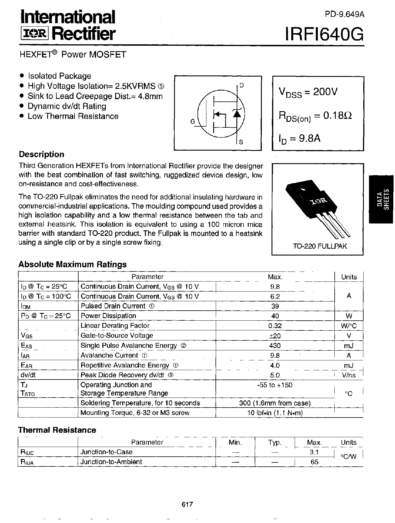 Даташит IRFI640G - Power MOSFET(Vdss=200V/ Rds(on)=0.18ohm/ Id=9.8A) страница 1