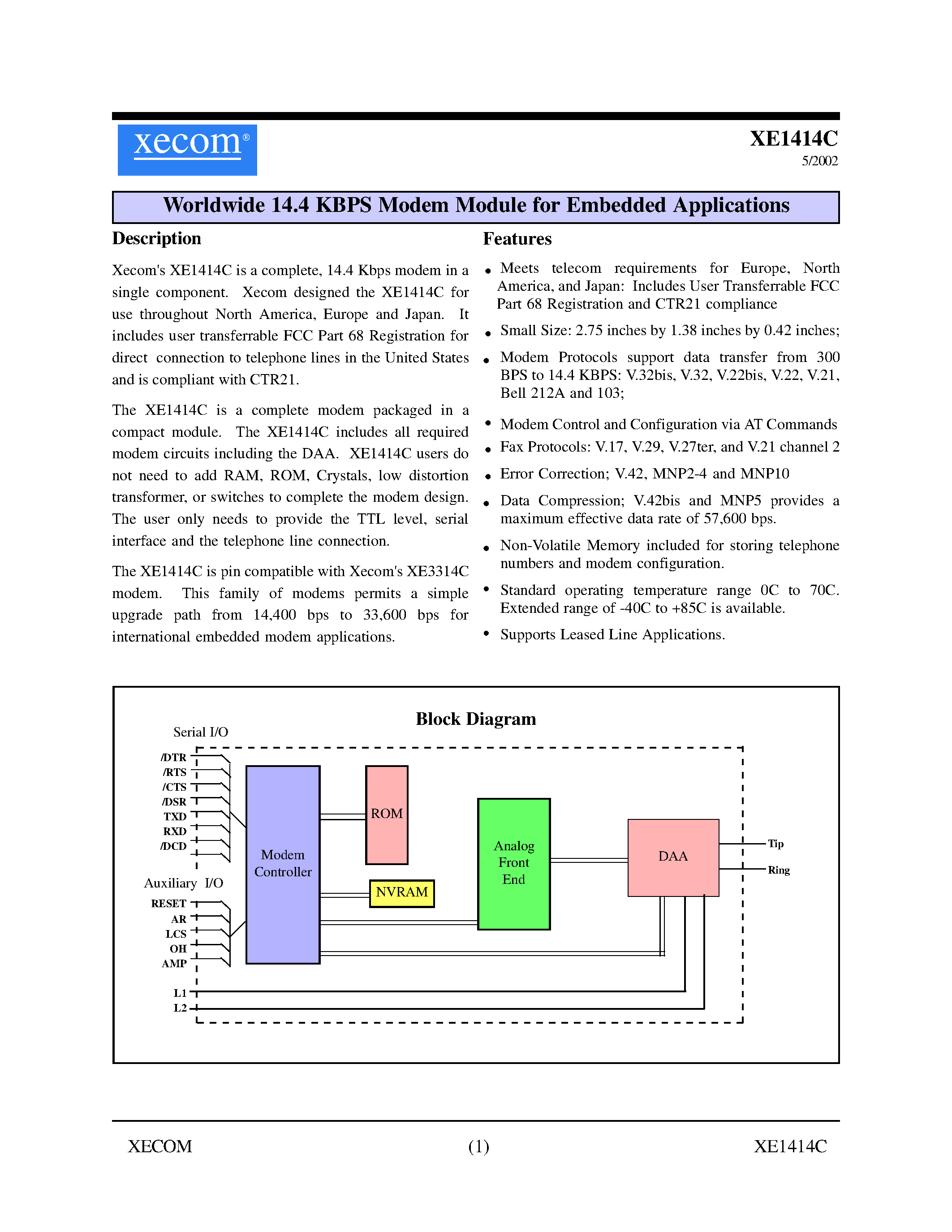 Datasheet XE1414 - Worldwide 14.4 KBPS Modem Module for Embedded Applications page 1