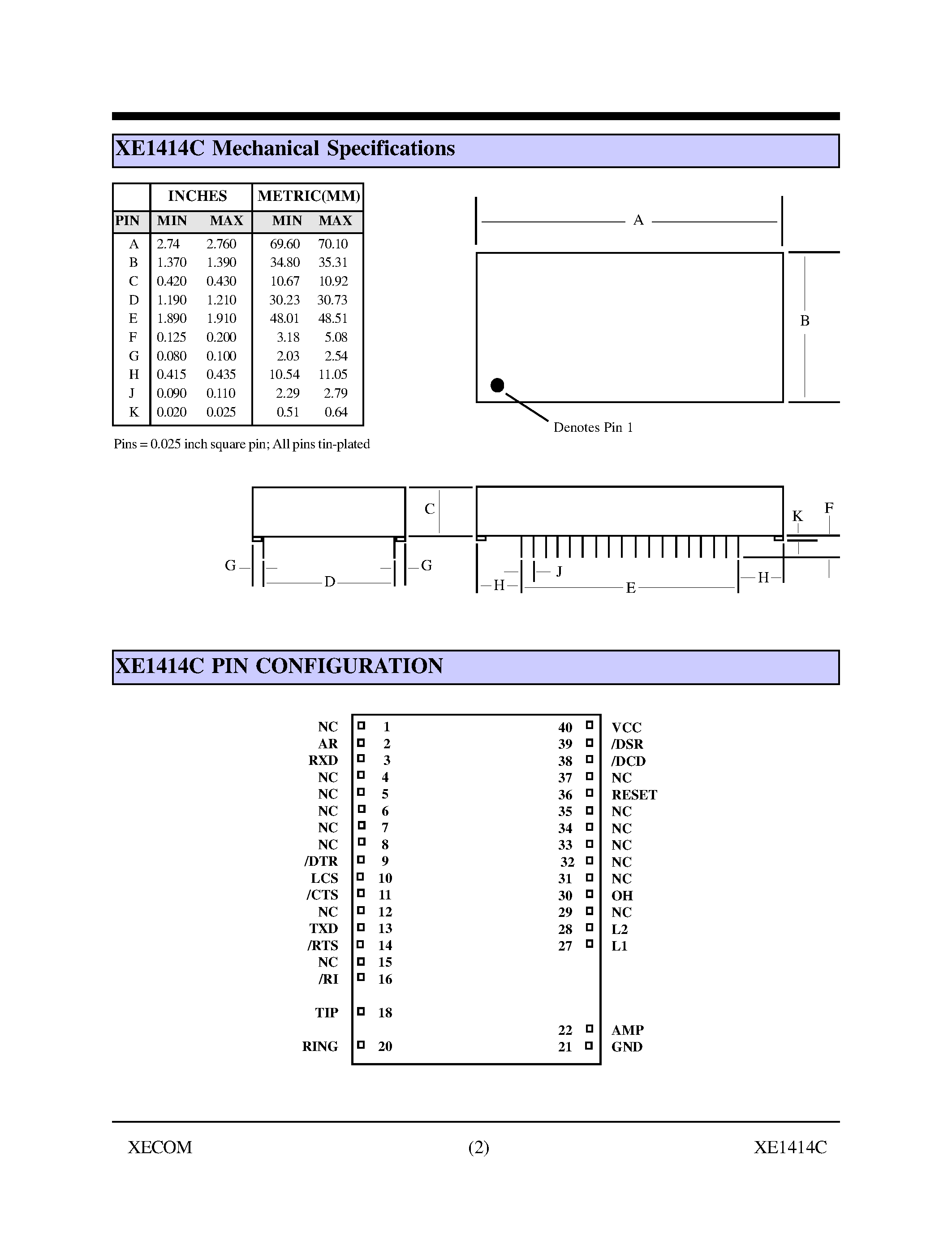 Datasheet XE1414 - Worldwide 14.4 KBPS Modem Module for Embedded Applications page 2