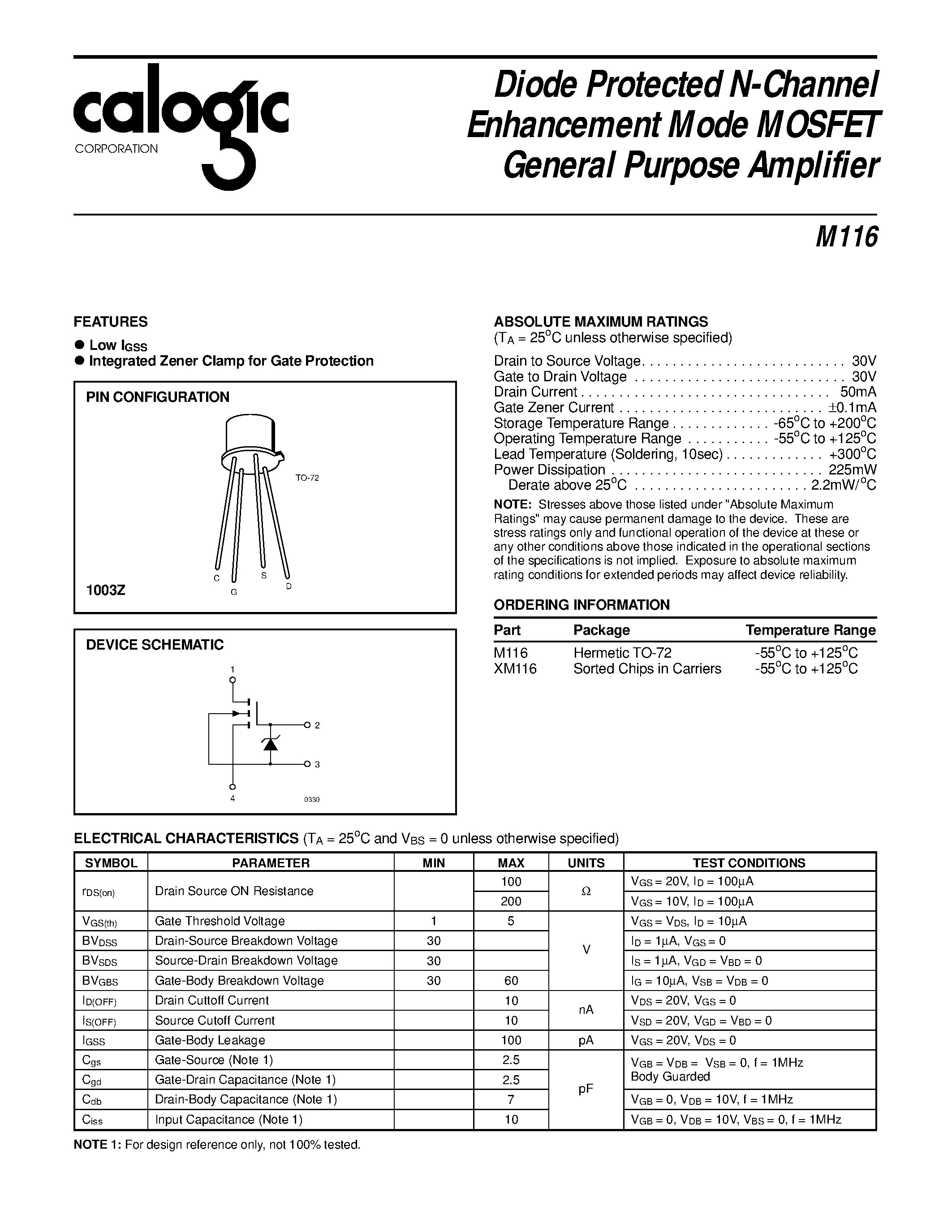 Datasheet XM116 page 1 Datasheet XM116 - Diode Protected N-Channel Enhancement Mode MOSFET General Purpose Amplifier page 1