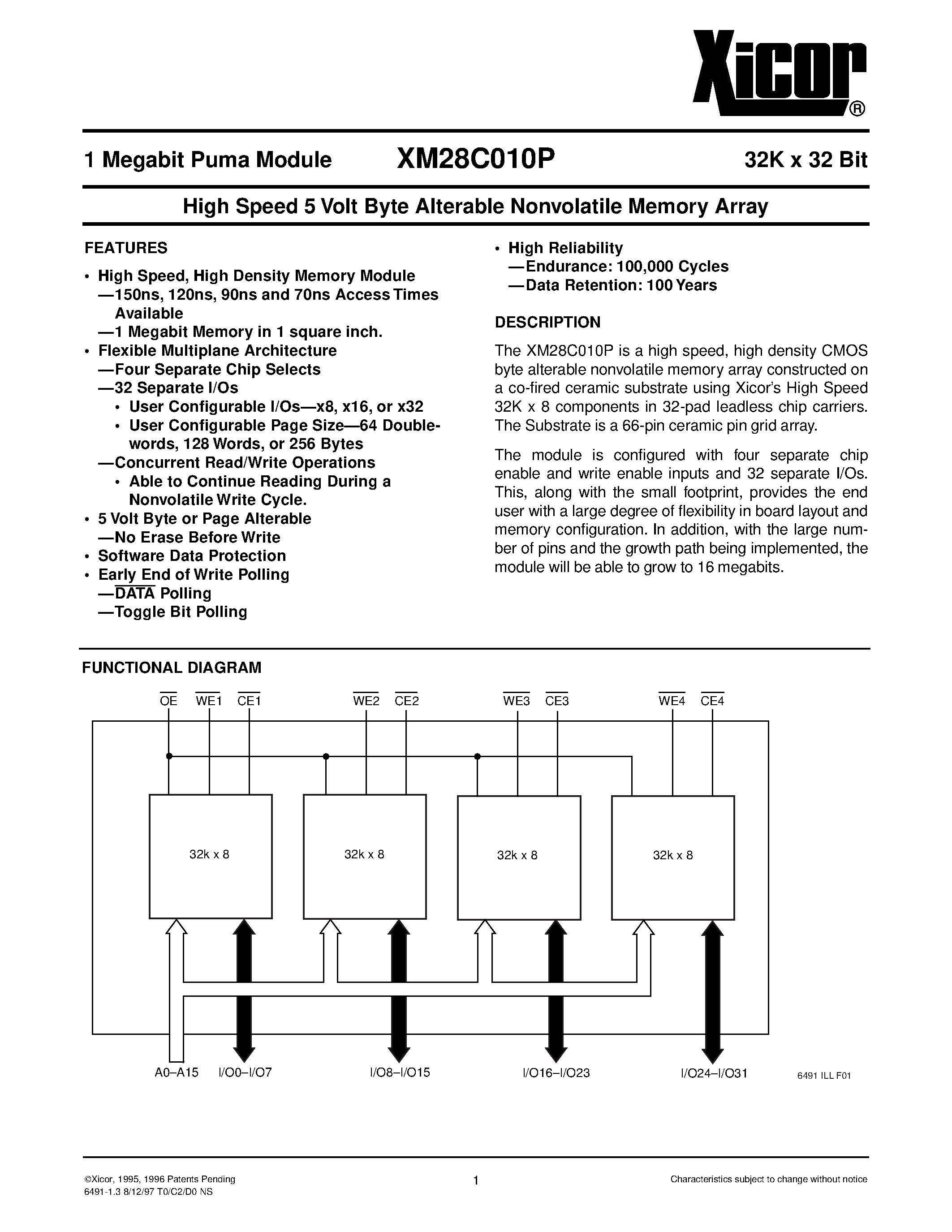 Datasheet XM28C010P - High Speed 5 Volt Byte Alterable Nonvolatile Memory Array page 1