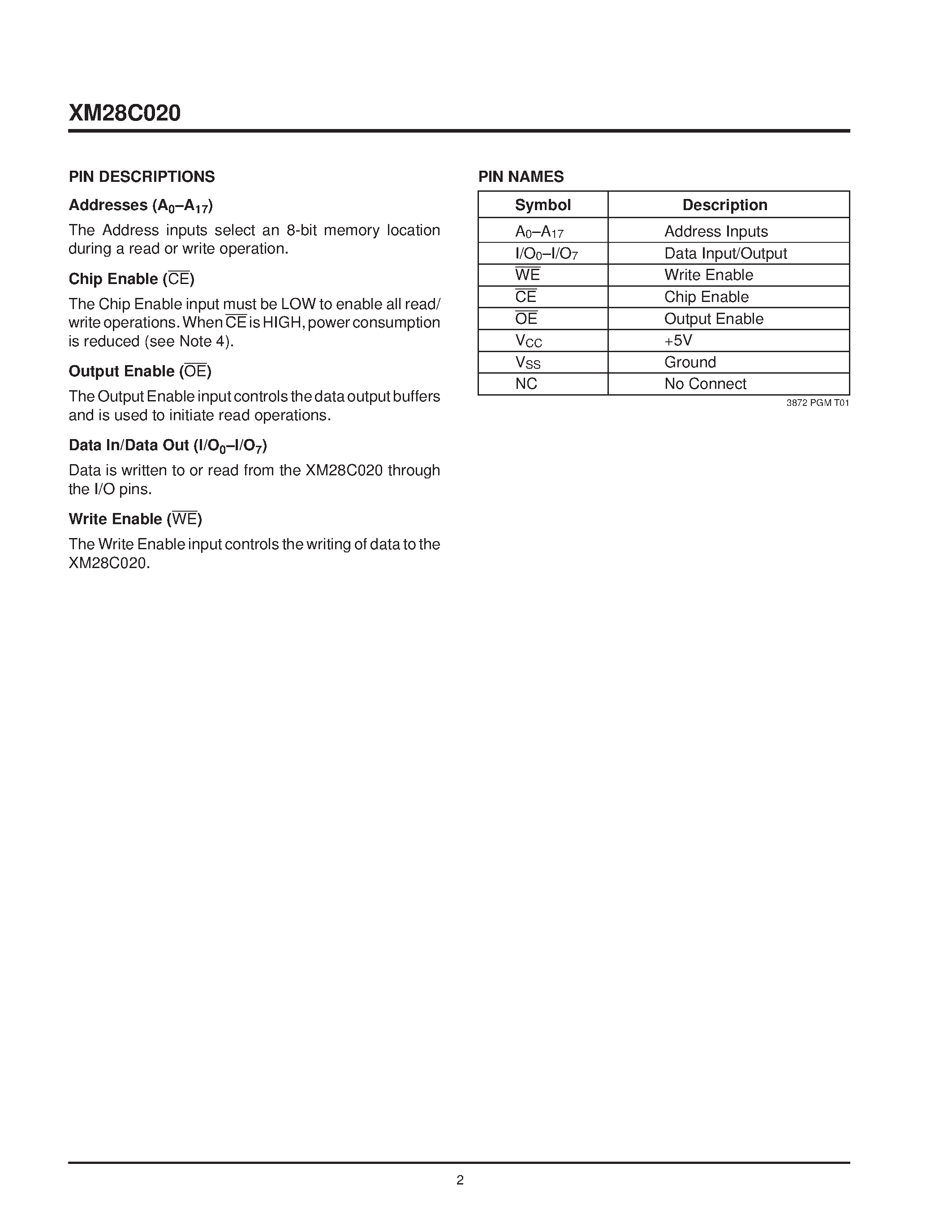 Datasheet XM28C020 - 5 Volt/ Byte Alterable E2PROM page 2