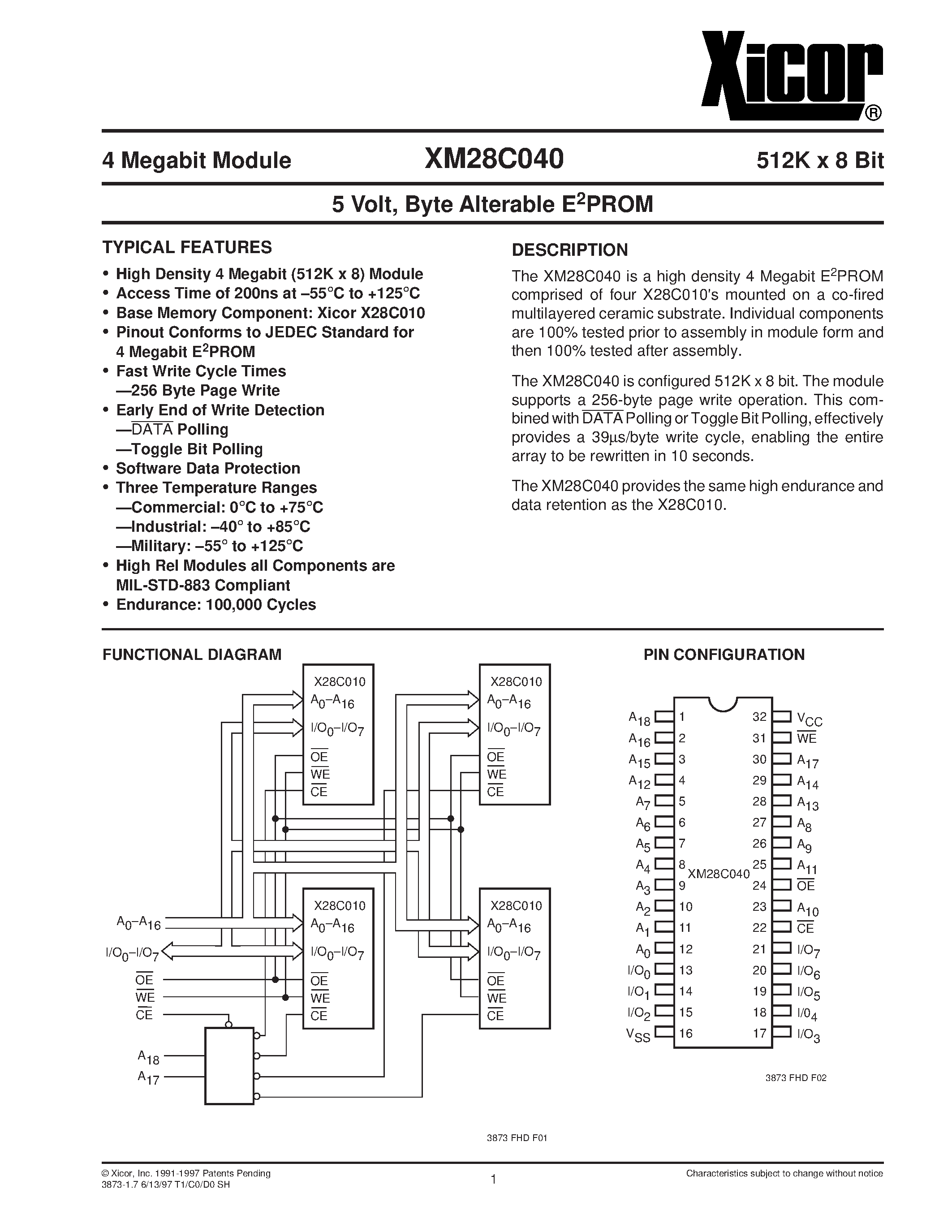 Datasheet XM28C040-20 - 5 Volt/ Byte Alterable E2PROM page 1