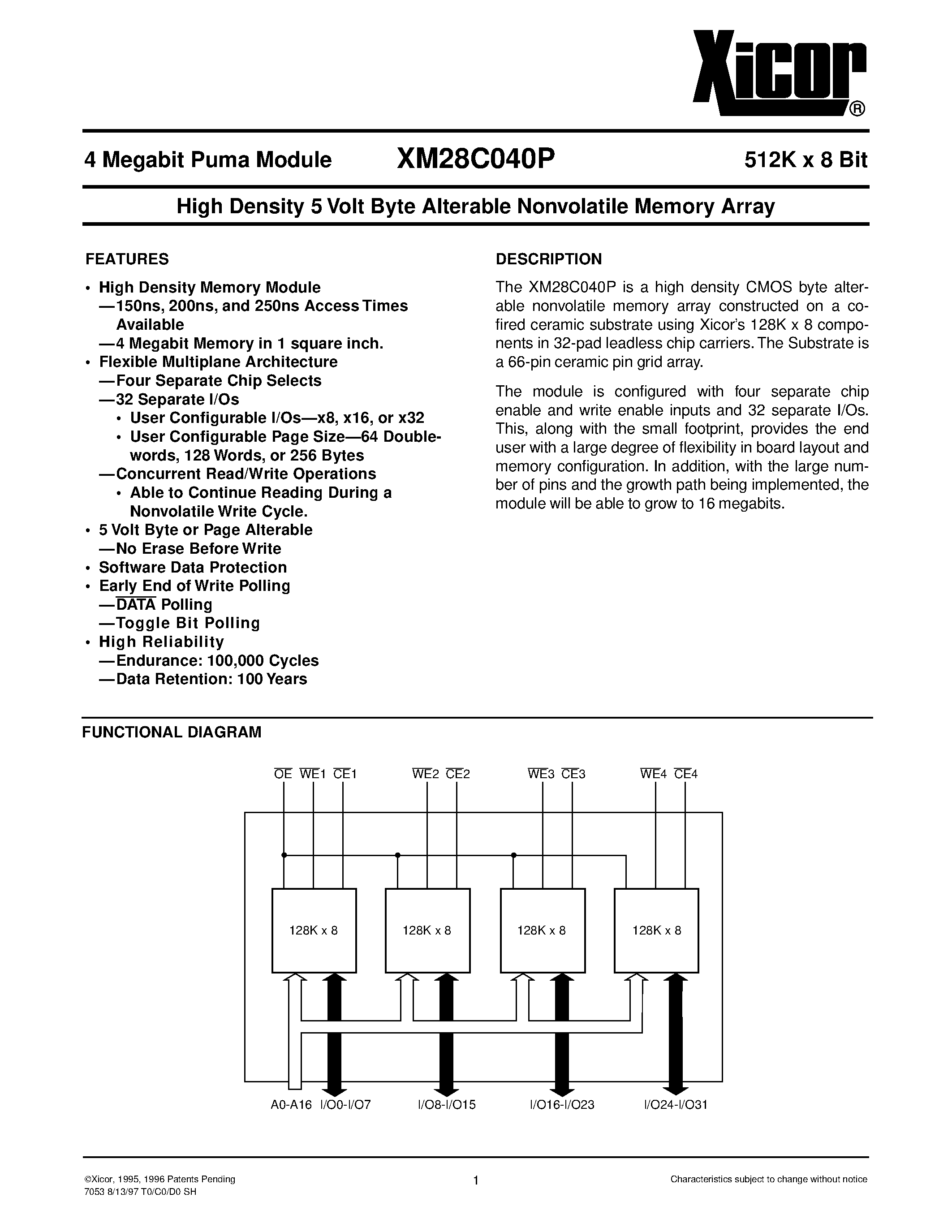 Datasheet XM28C040P-15 - High Density 5 Volt Byte Alterable Nonvolatile Memory Array page 1