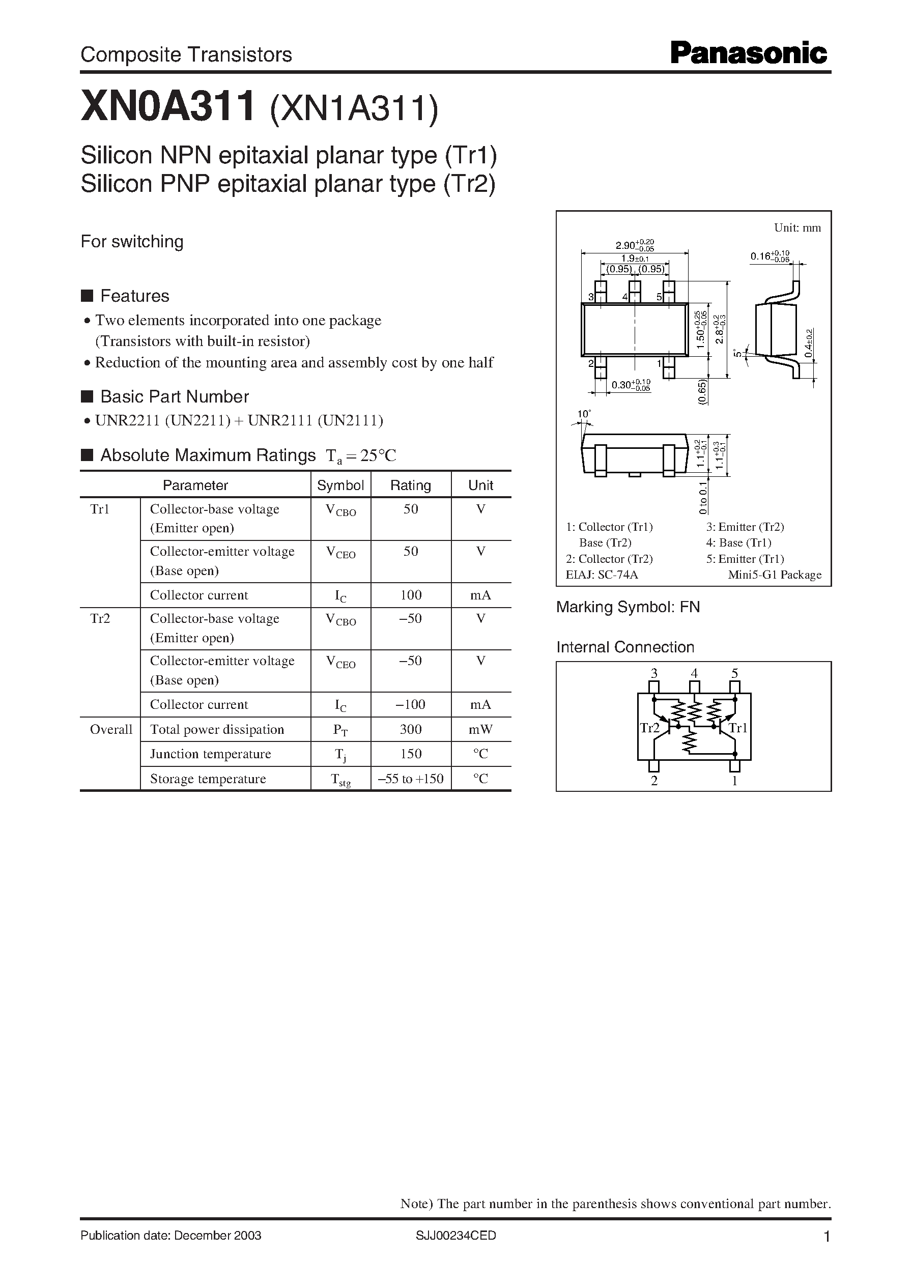 Даташит XN0A311 - Composite Transistors страница 1