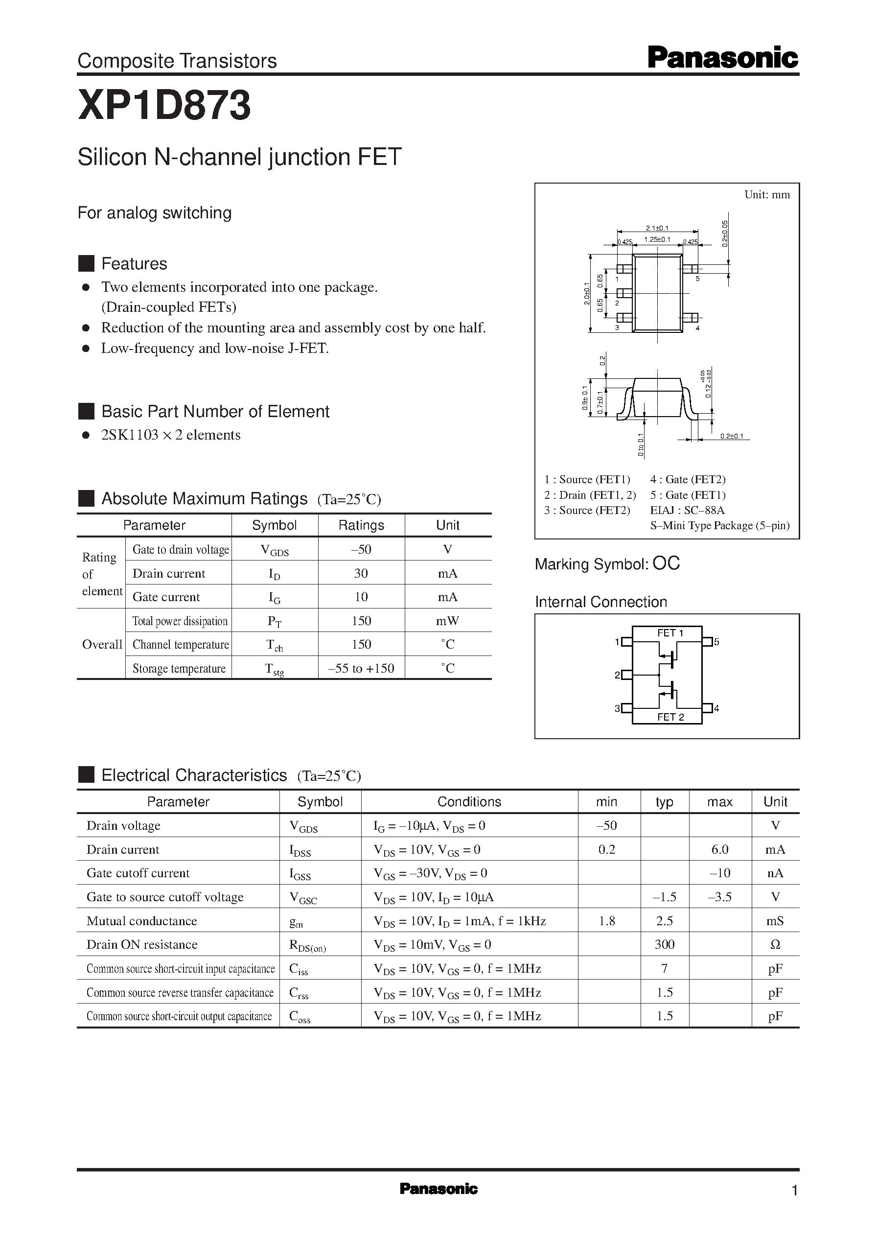 Datasheet XP1D873 page 1 Datasheet XP1D873 - Silicon N-channel junction FET page 1