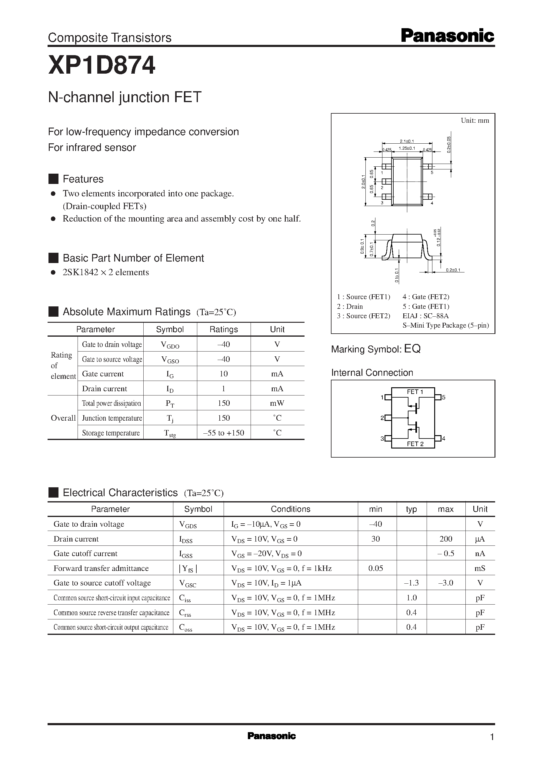 Datasheet XP1D874 page 1 Datasheet XP1D874 - N-channel junction FET page 1