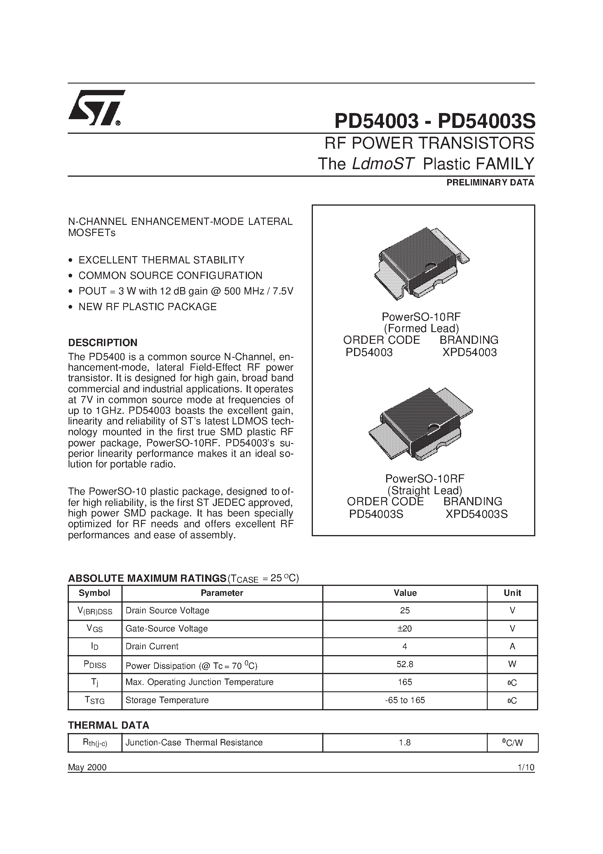 Даташит XPD54003 - RF POWER TRANSISTORS The LdmoST Plastic FAMILY страница 1