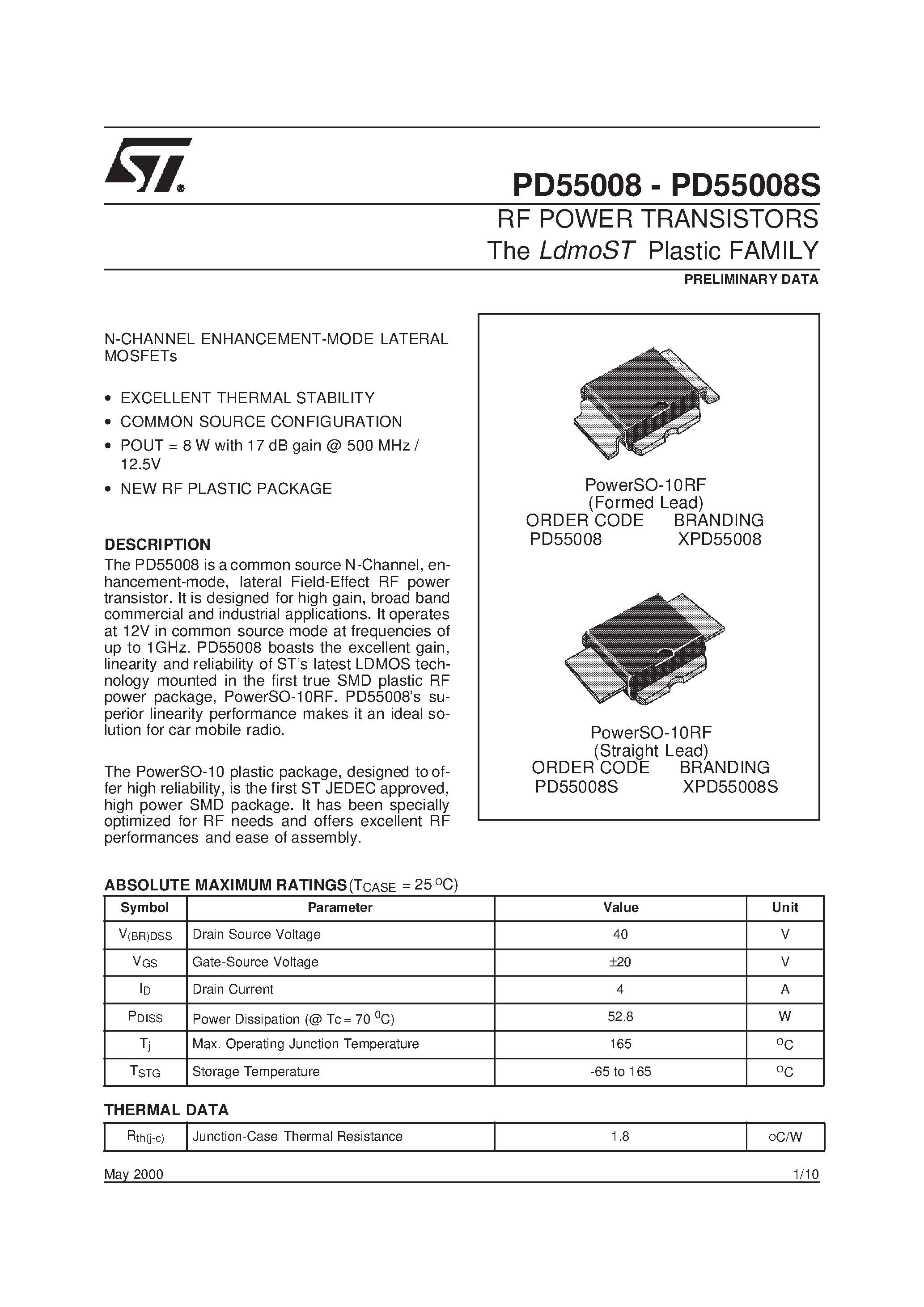 Даташит XPD55008 - RF POWER TRANSISTORS The LdmoST Plastic FAMILY страница 1