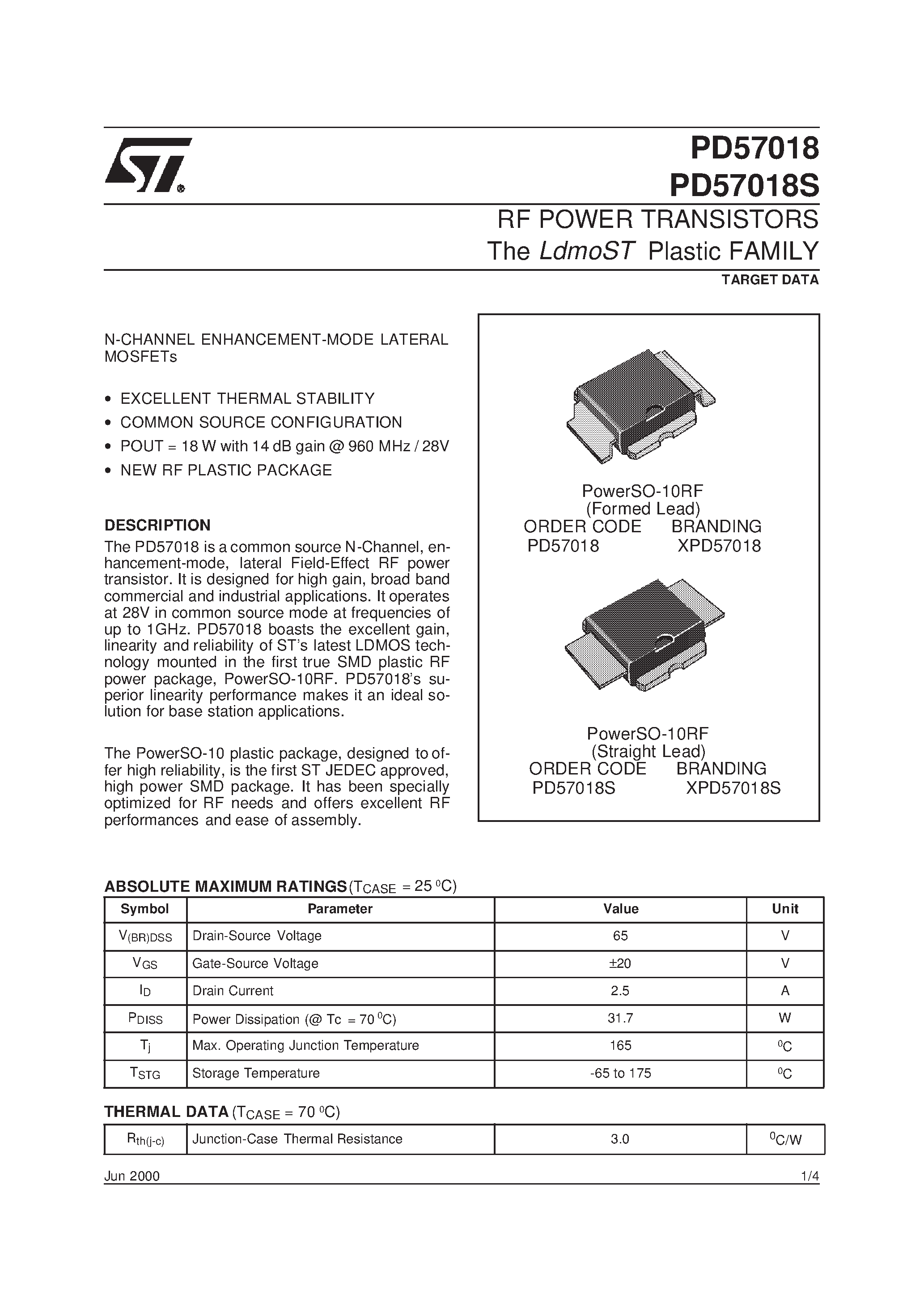 Даташит XPD57018 - RF POWER TRANSISTORS The LdmoST Plastic FAMILY страница 1