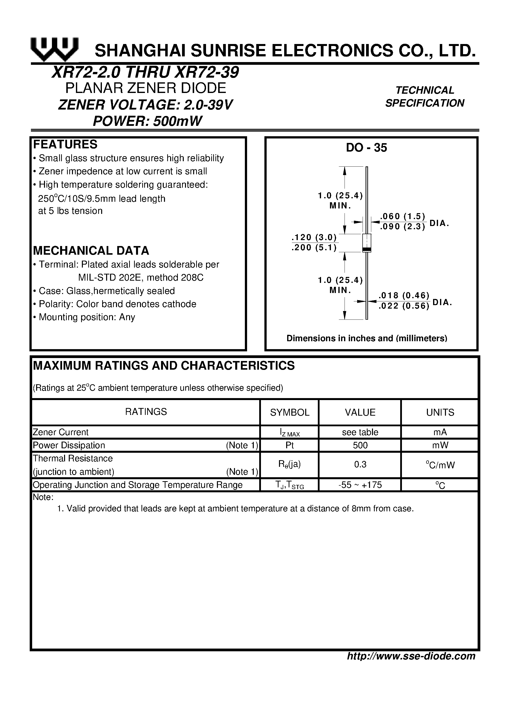 Datasheet XR72-8.2 - PLANAR ZENER DIODE page 1