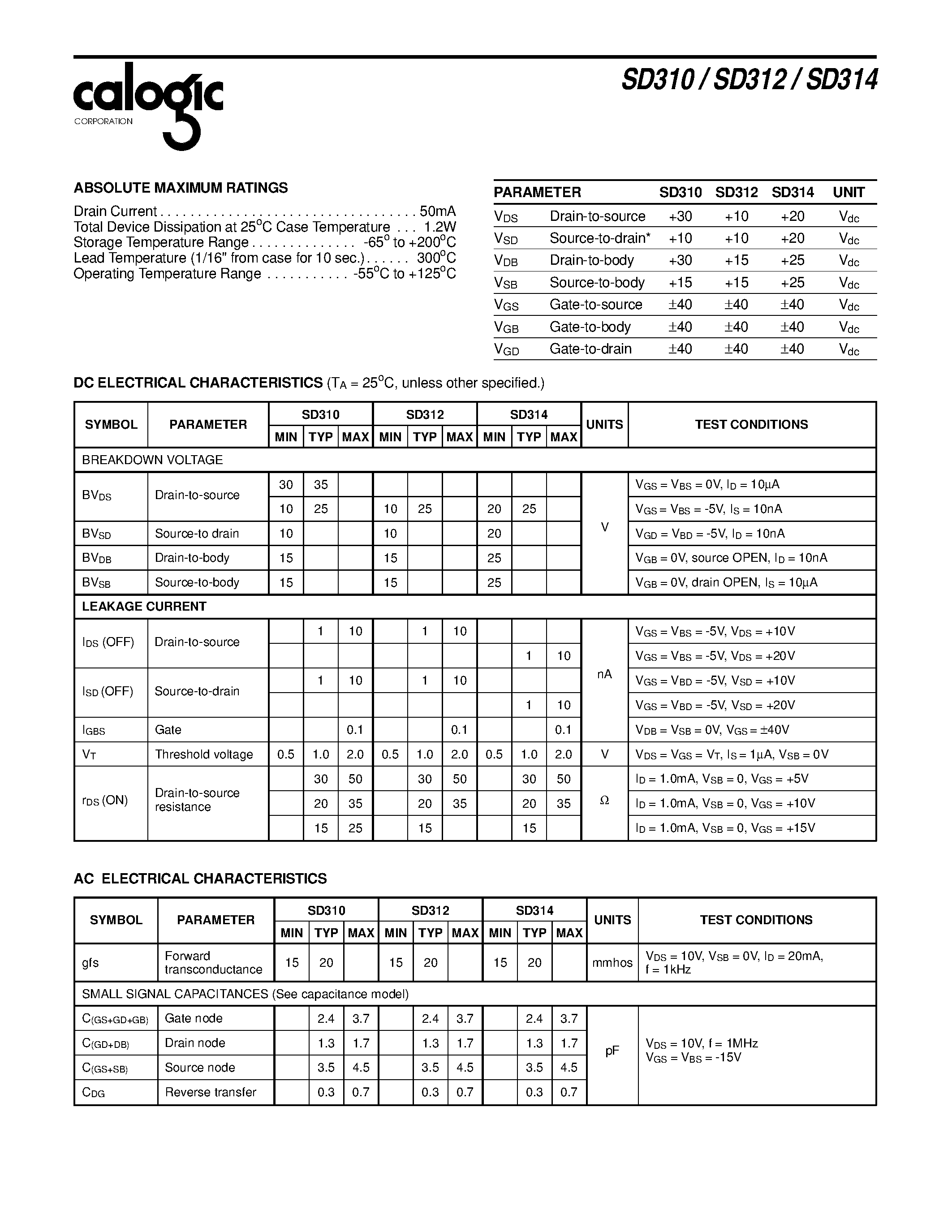 Datasheet XSD312 page 2 Datasheet XSD312 - High-Speed Analog N-Channel DMOS FETs Improved On -Resistance page 2
