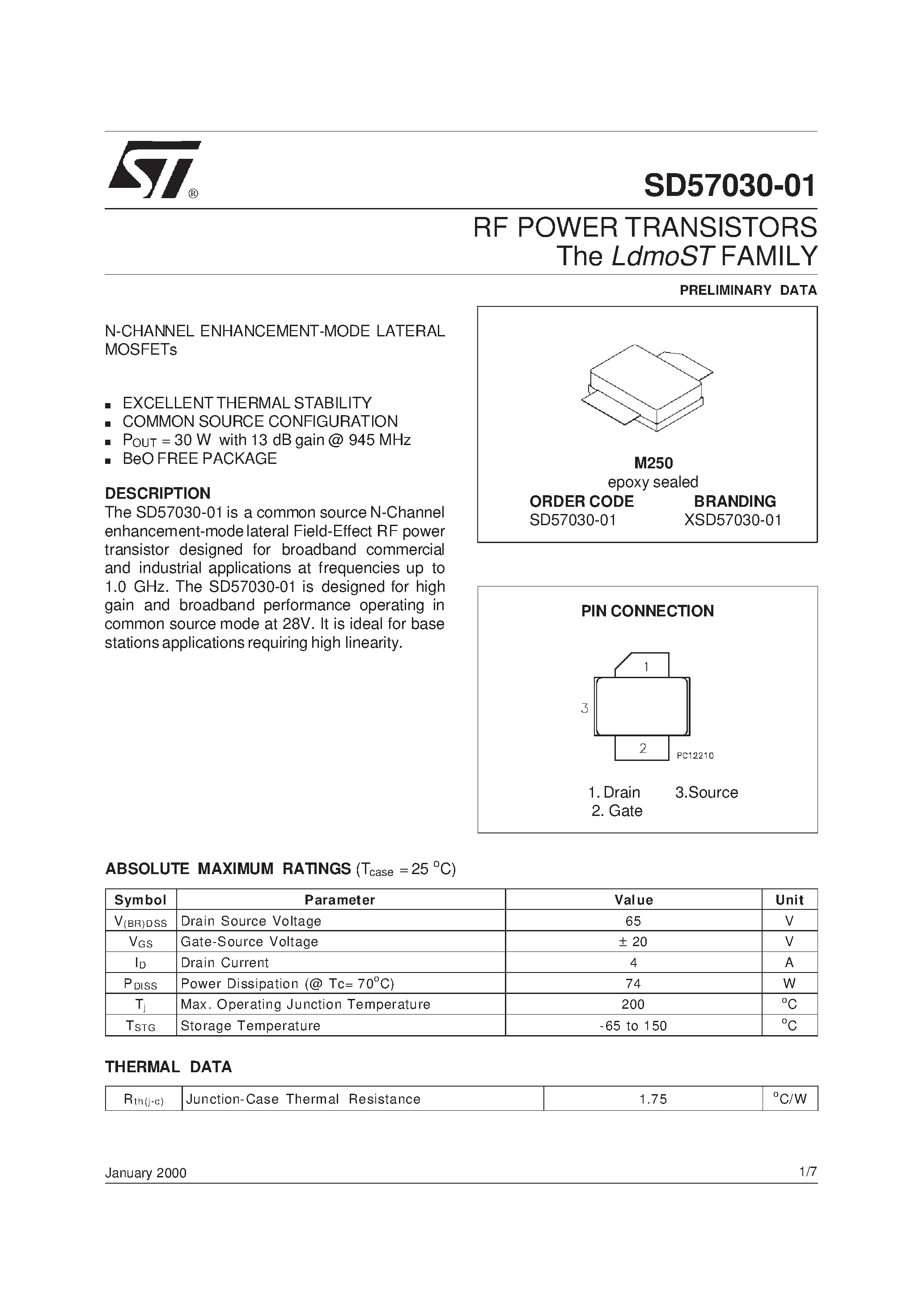 Даташит XSD57030-01 - RF POWER TRANSISTORS The LdmoSTFAMILY страница 1