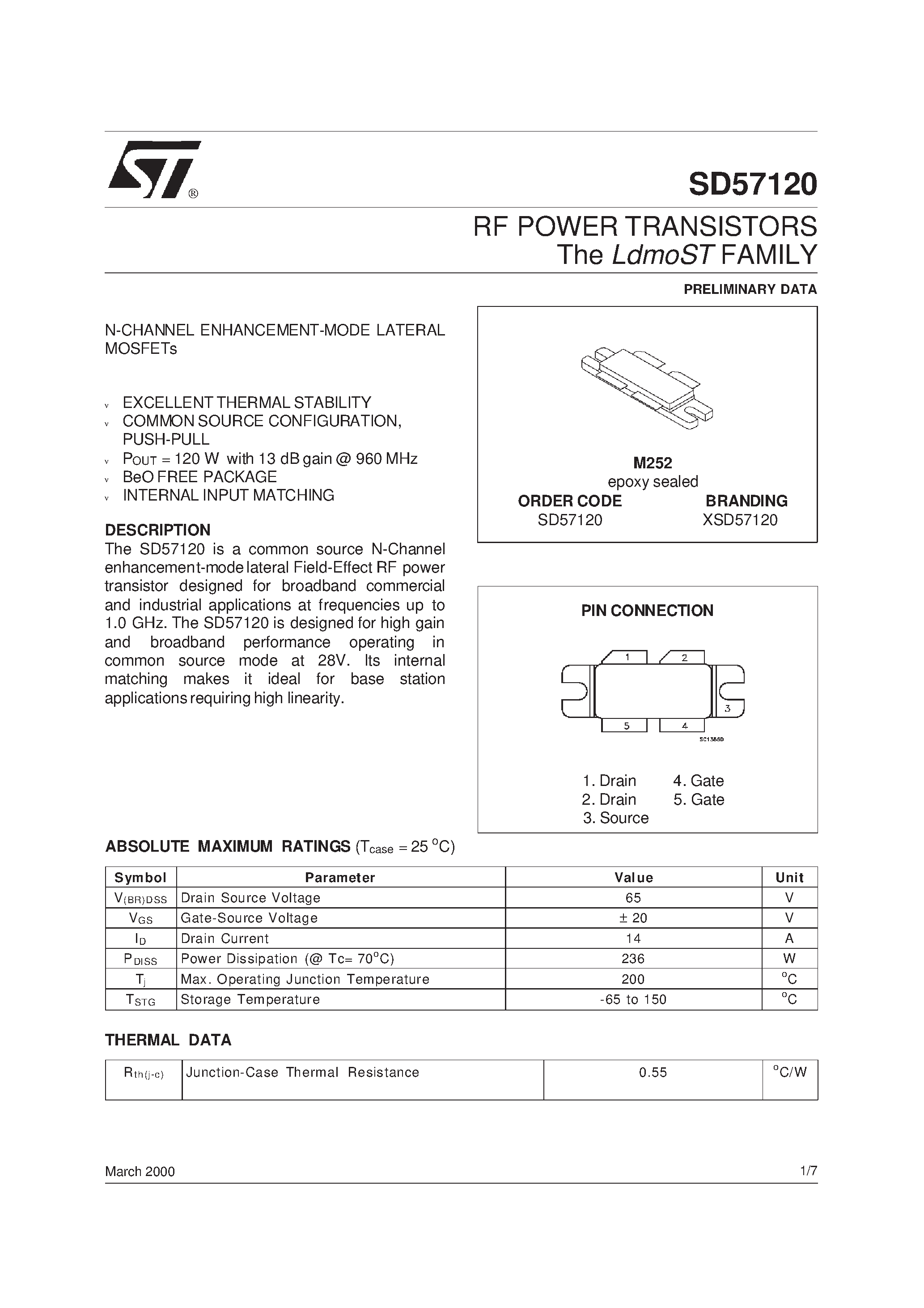 Даташит XSD57120 - RF POWER TRANSISTORS The LdmoSTFAMILY страница 1