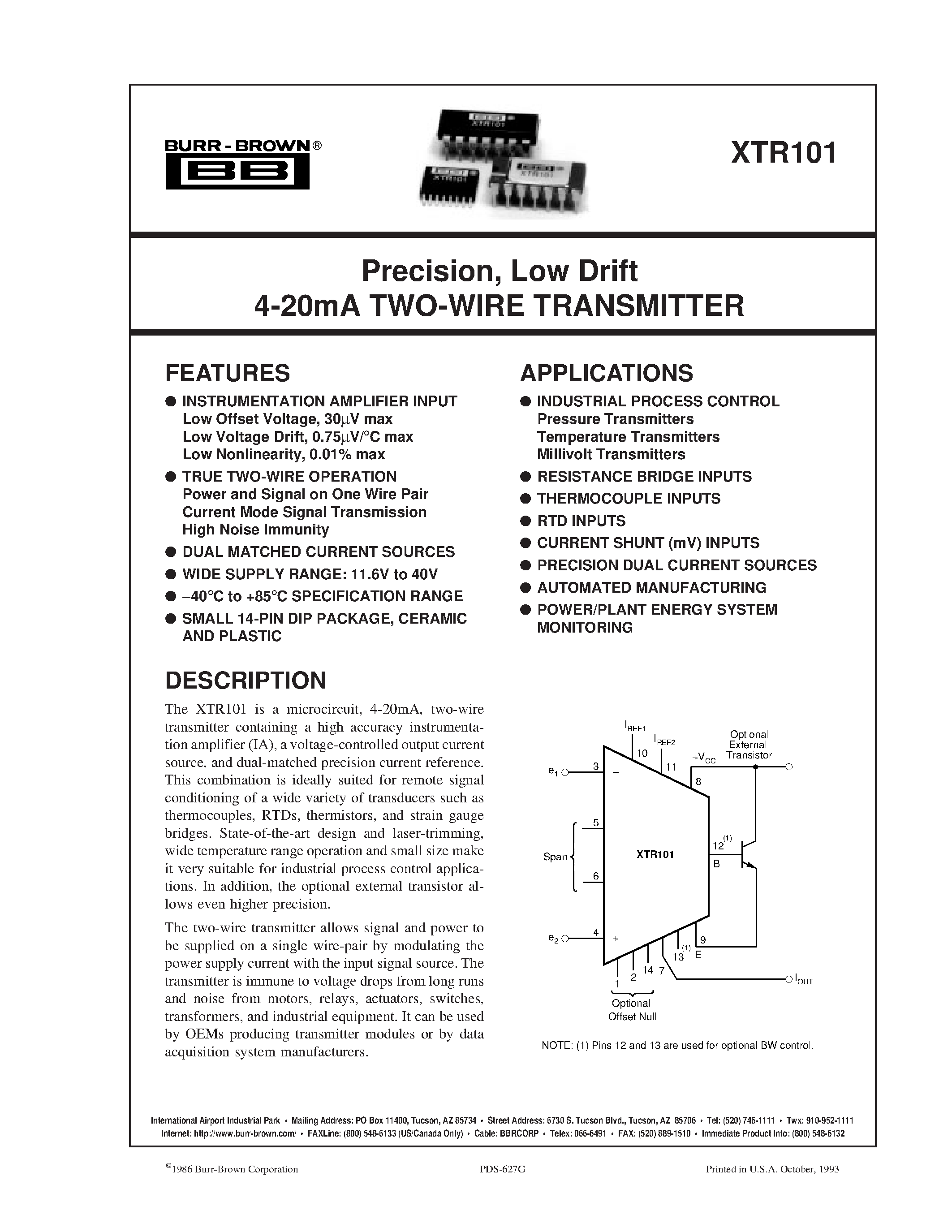 Datasheet XTR101 - Precision/ Low Drift 4-20mA TWO-WIRE TRANSMITTER page 1