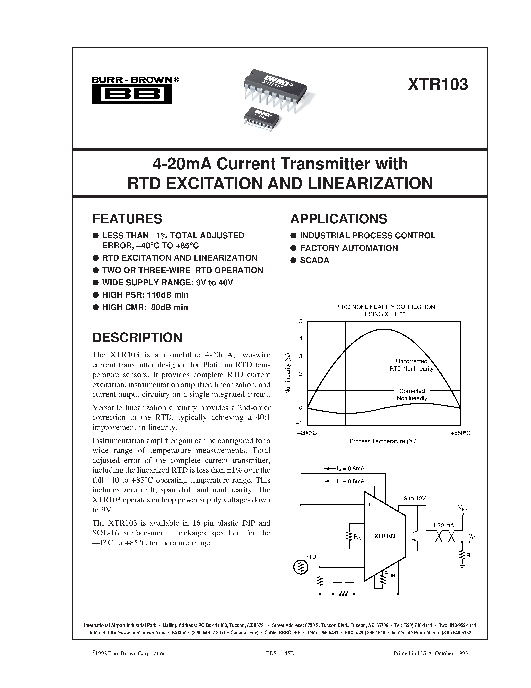 Datasheet XTR103 - 4-20mA Current Transmitter with RTD EXCITATION AND LINEARIZATION page 1