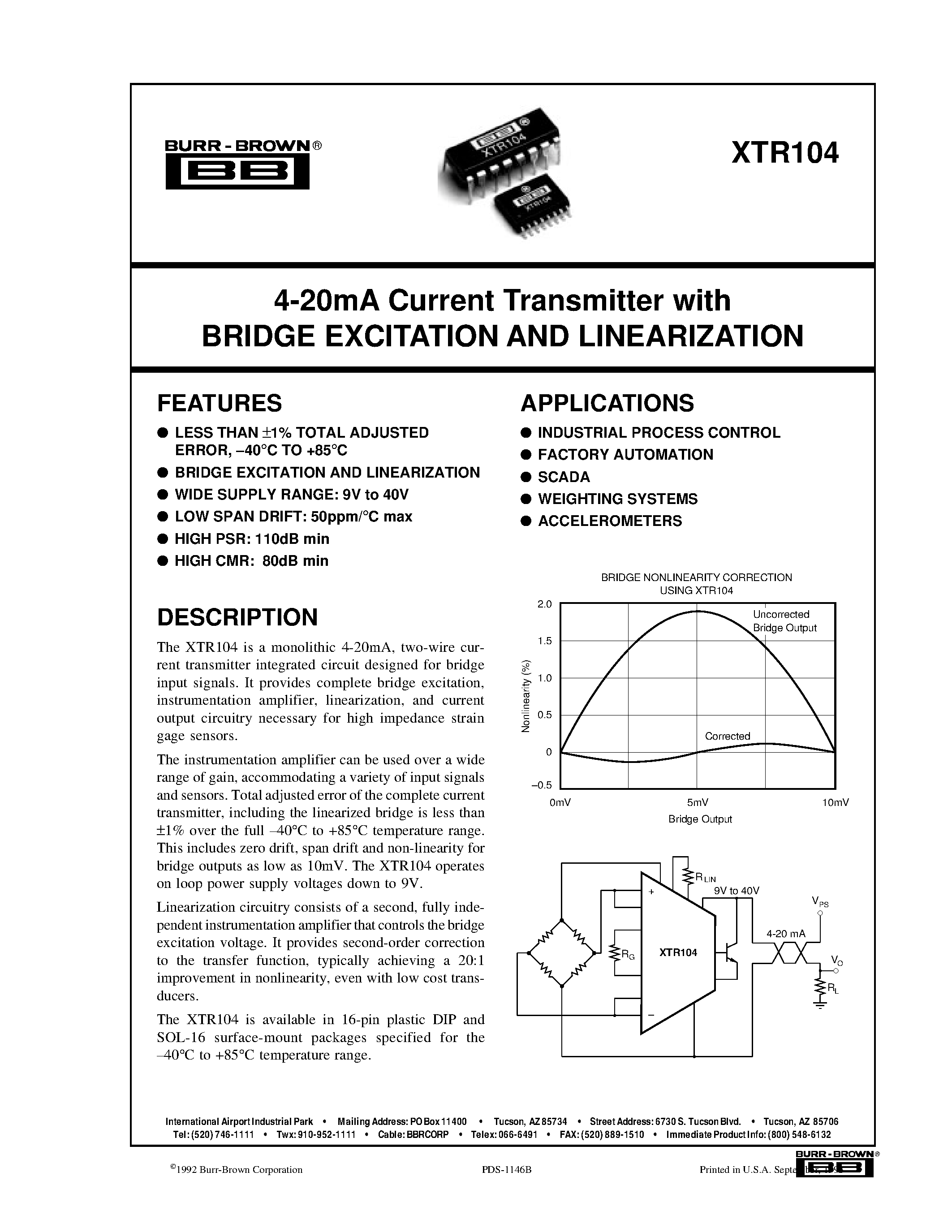 Datasheet XTR104 - 4-20mA Current Transmitter with BRIDGE EXCITATION AND LINEARIZATION page 1