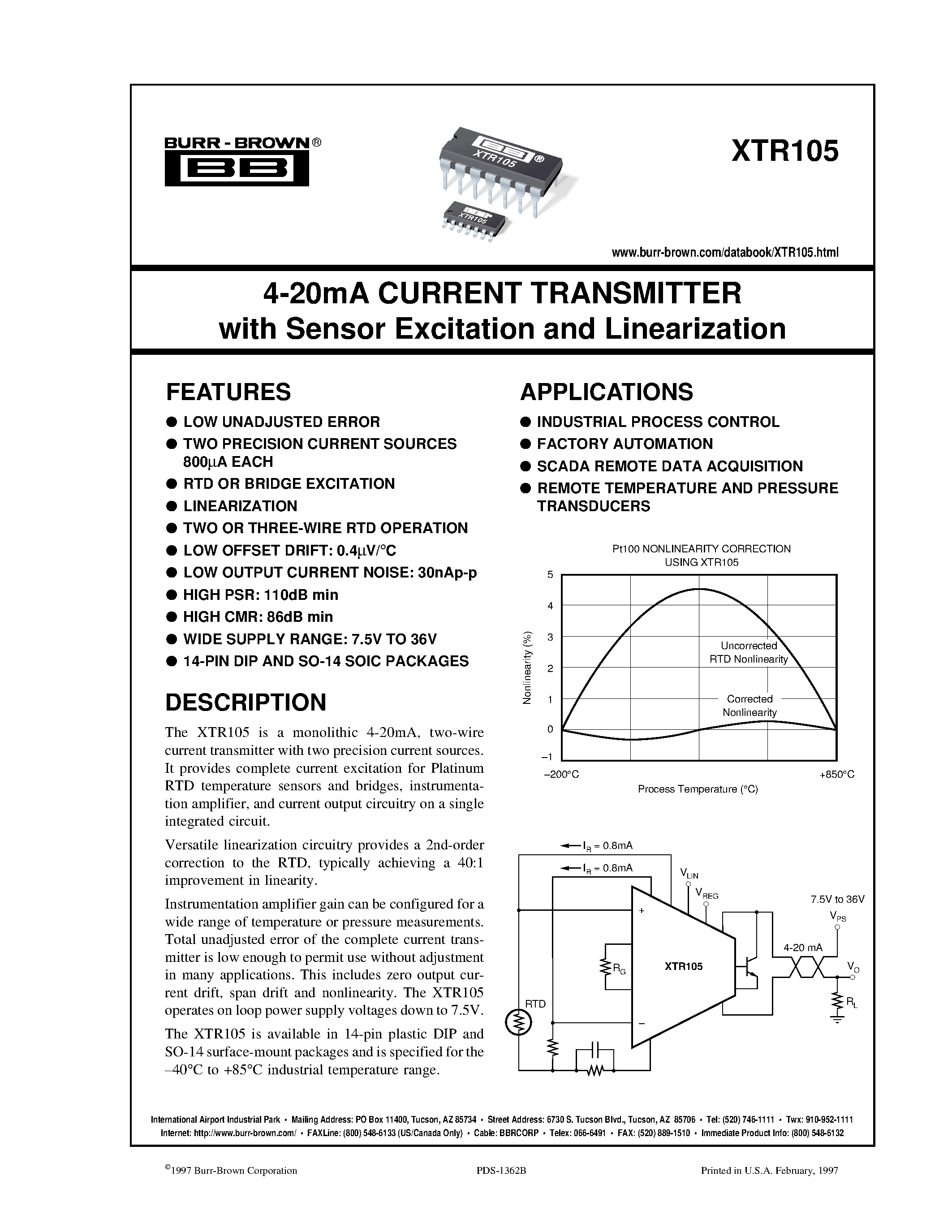 Datasheet XTR105 - 4-20mA CURRENT TRANSMITTER with Sensor Excitation and Linearization page 1