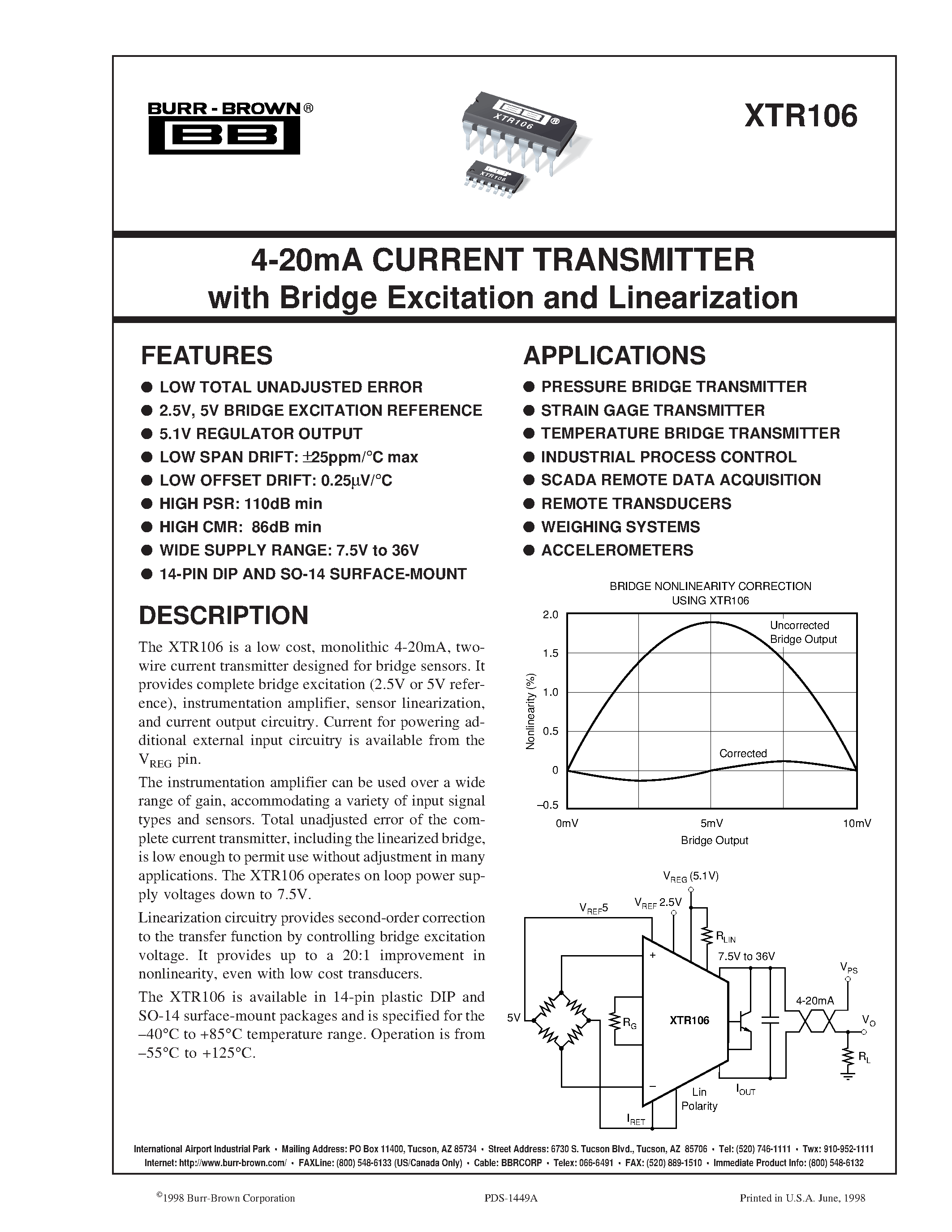 Datasheet XTR106 - 4-20mA CURRENT TRANSMITTER with Bridge Excitation and Linearization page 1