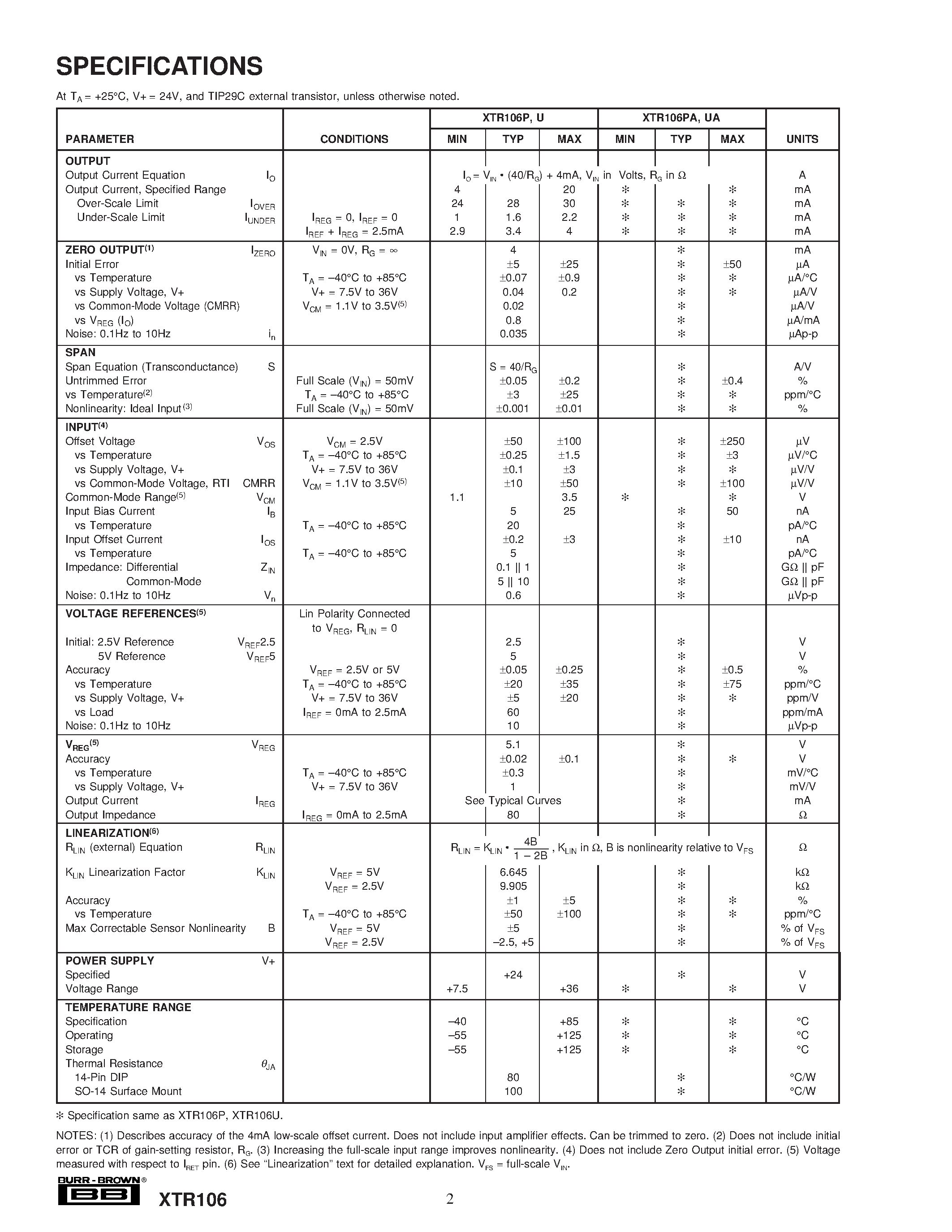 Datasheet XTR106 - 4-20mA CURRENT TRANSMITTER with Bridge Excitation and Linearization page 2