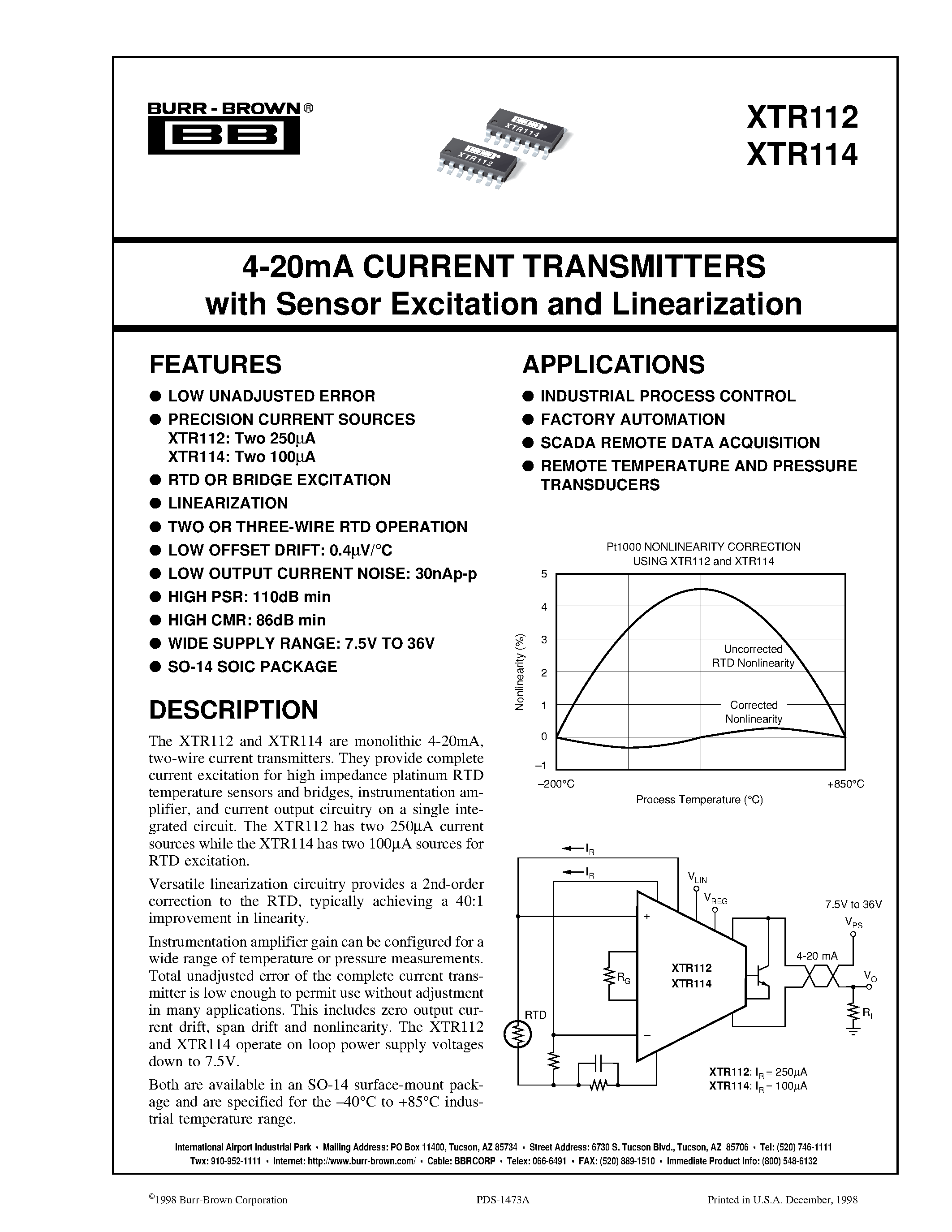 Datasheet XTR112 - 4-20mA CURRENT TRANSMITTERS with Sensor Excitation and Linearization page 1