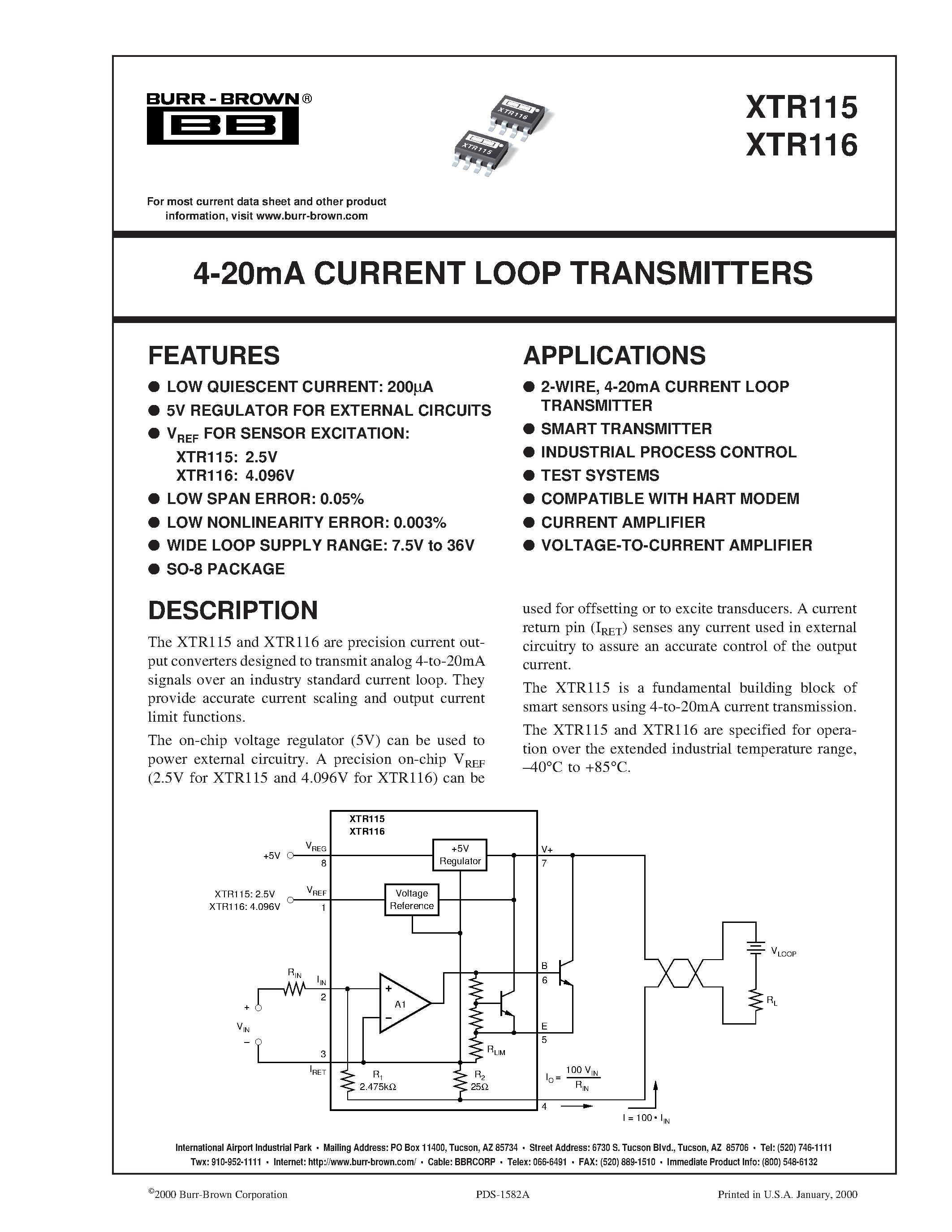 Datasheet XTR115 - 4-20mA CURRENT LOOP TRANSMITTERS page 1