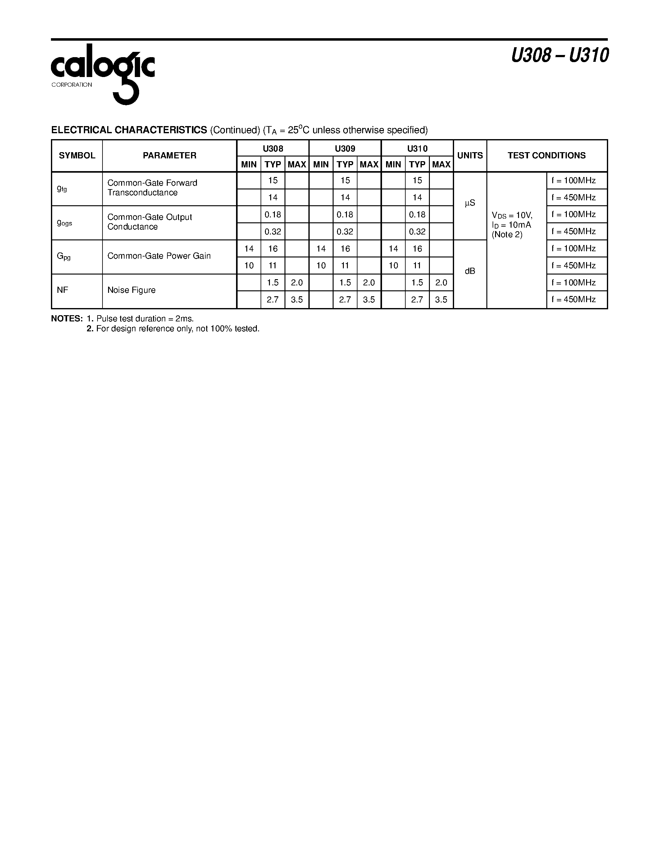 Datasheet XU310 page 2 Datasheet XU310 - N-Channel JFET High Frequency Amplifier page 2