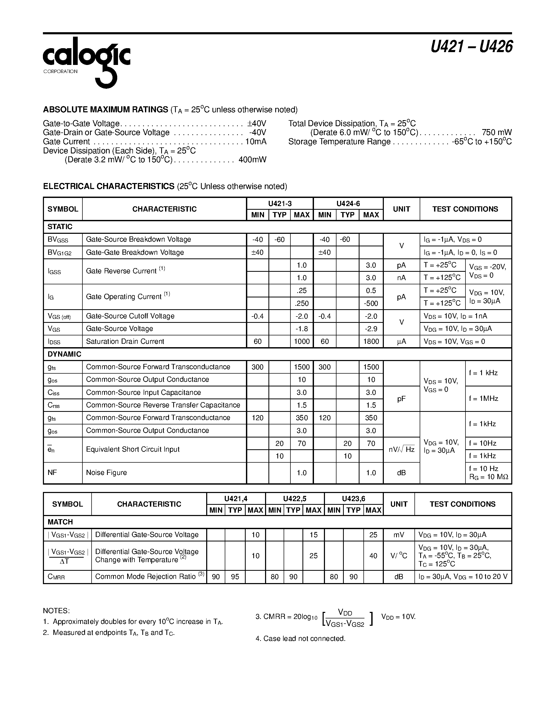 Datasheet XU421 page 2 Datasheet XU421 - N-Channel Dual JFET page 2