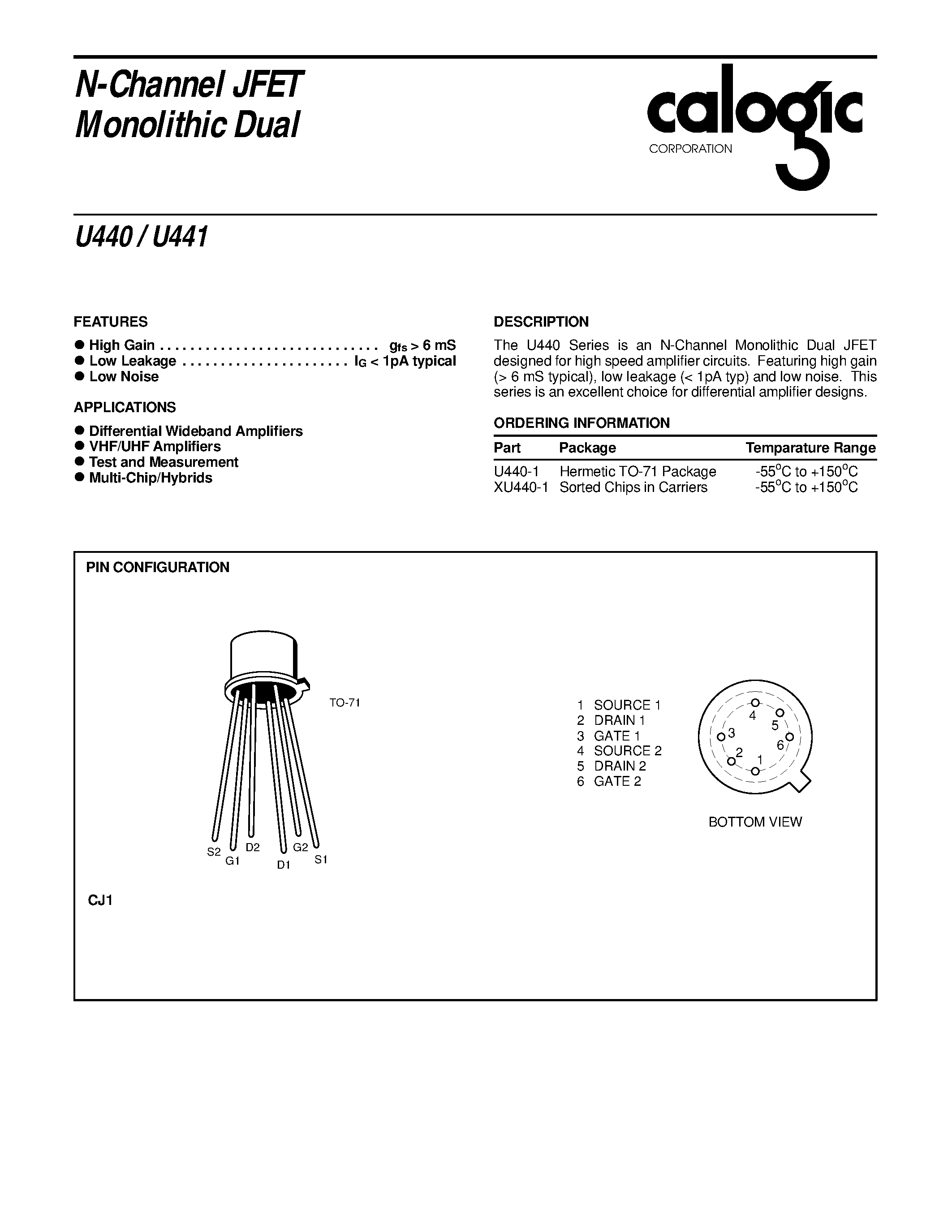Datasheet XU440 page 1 Datasheet XU440 - N-Channel JFET Monolithic Dual page 1