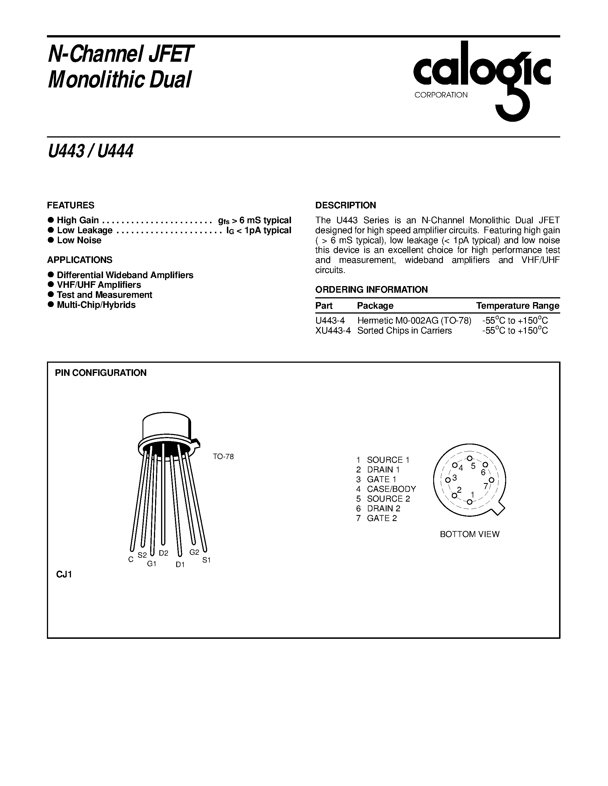 Datasheet XU443 page 1 Datasheet XU443 - N-Channel JFET Monolithic Dual page 1