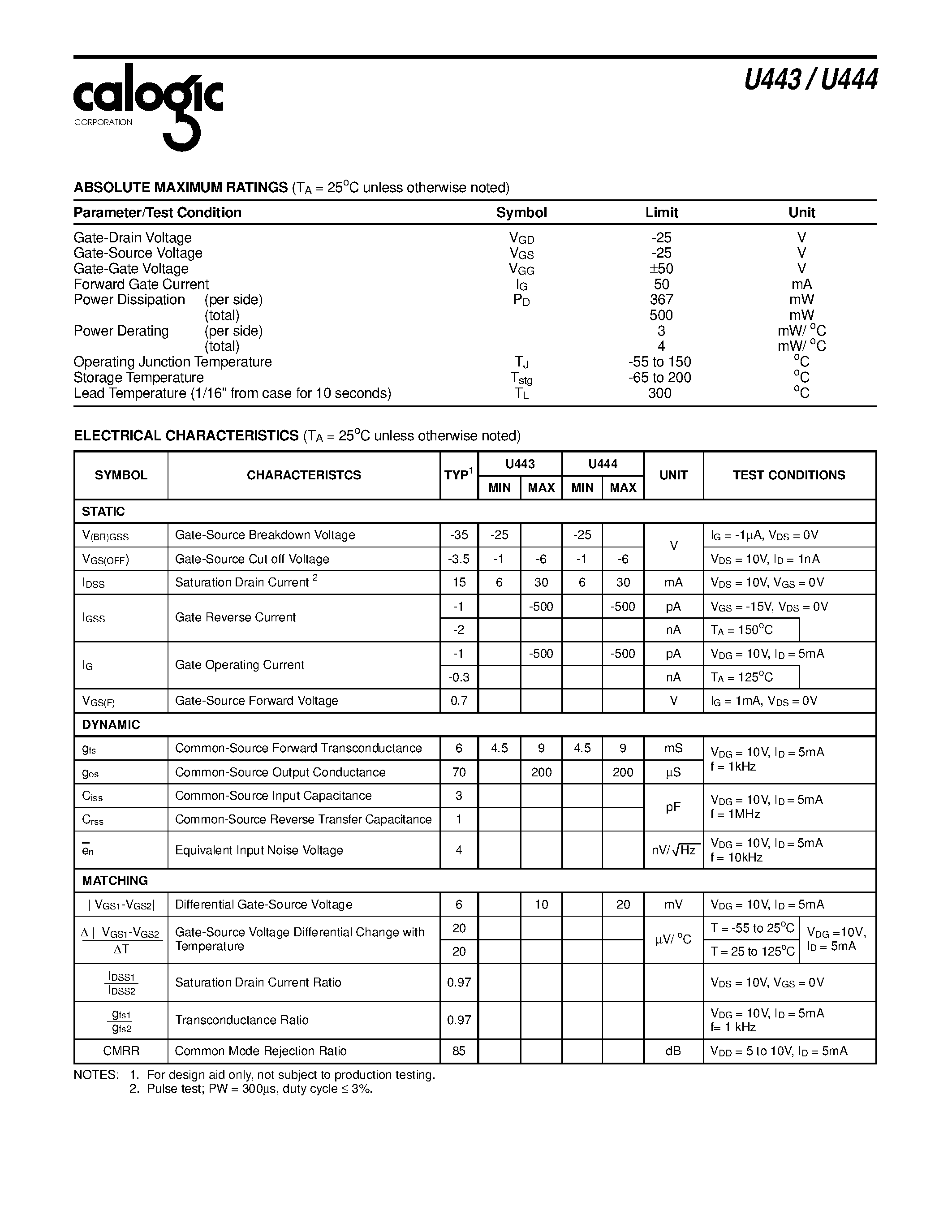 Datasheet XU443 page 2 Datasheet XU443 - N-Channel JFET Monolithic Dual page 2