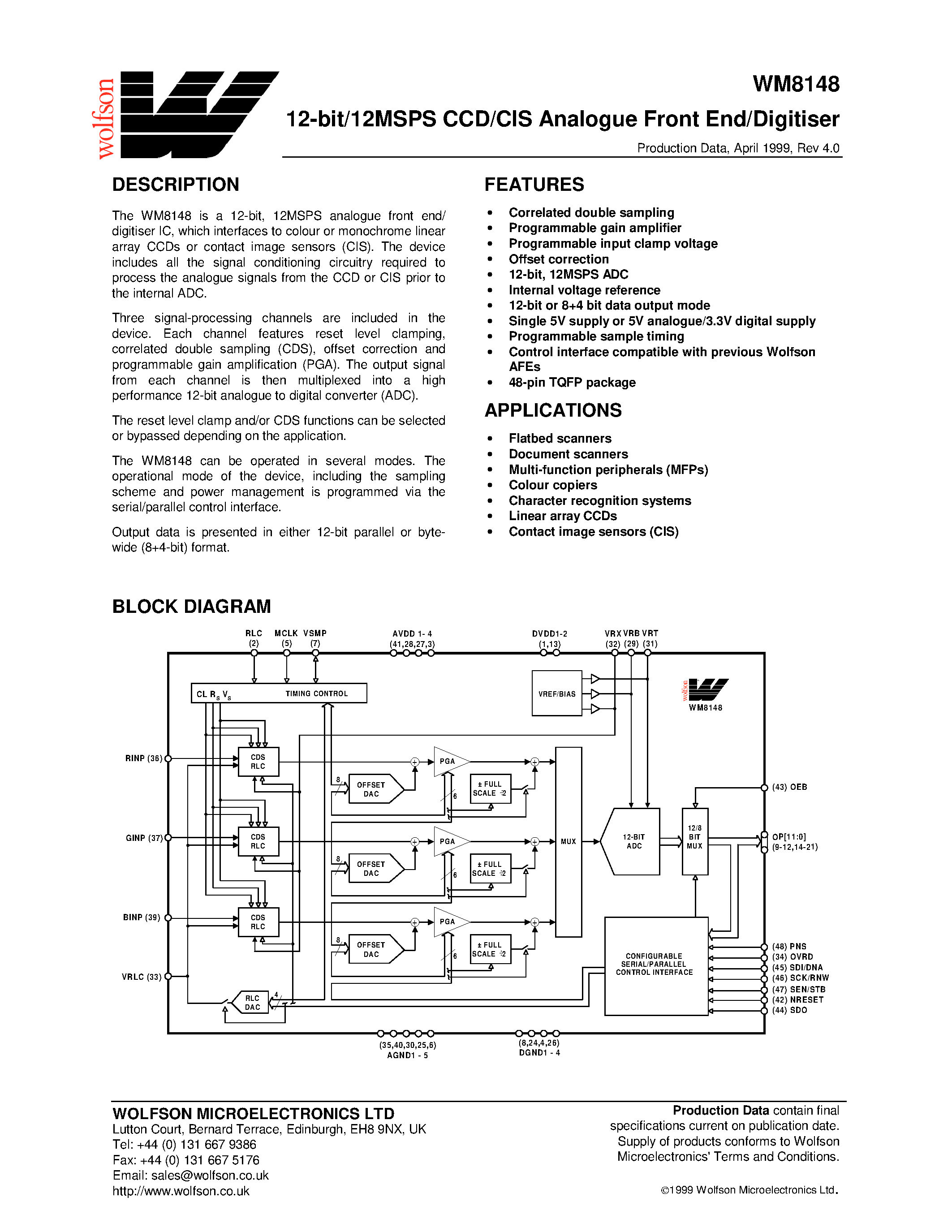 Даташит XWM8148CFT/V - 12-bit/12MSPS CCD/CIS Analogue Front End/Digitiser страница 1