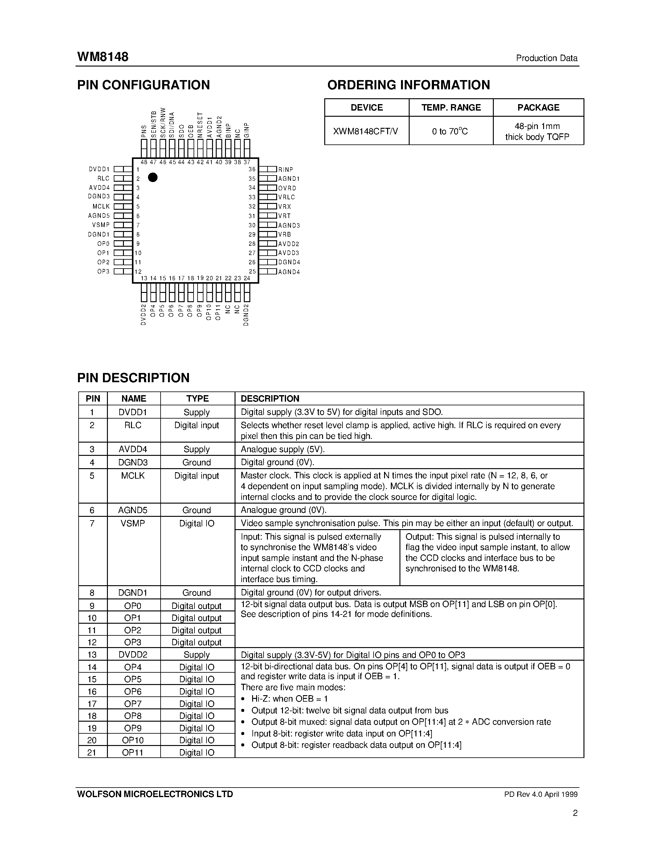 Даташит XWM8148CFT/V - 12-bit/12MSPS CCD/CIS Analogue Front End/Digitiser страница 2