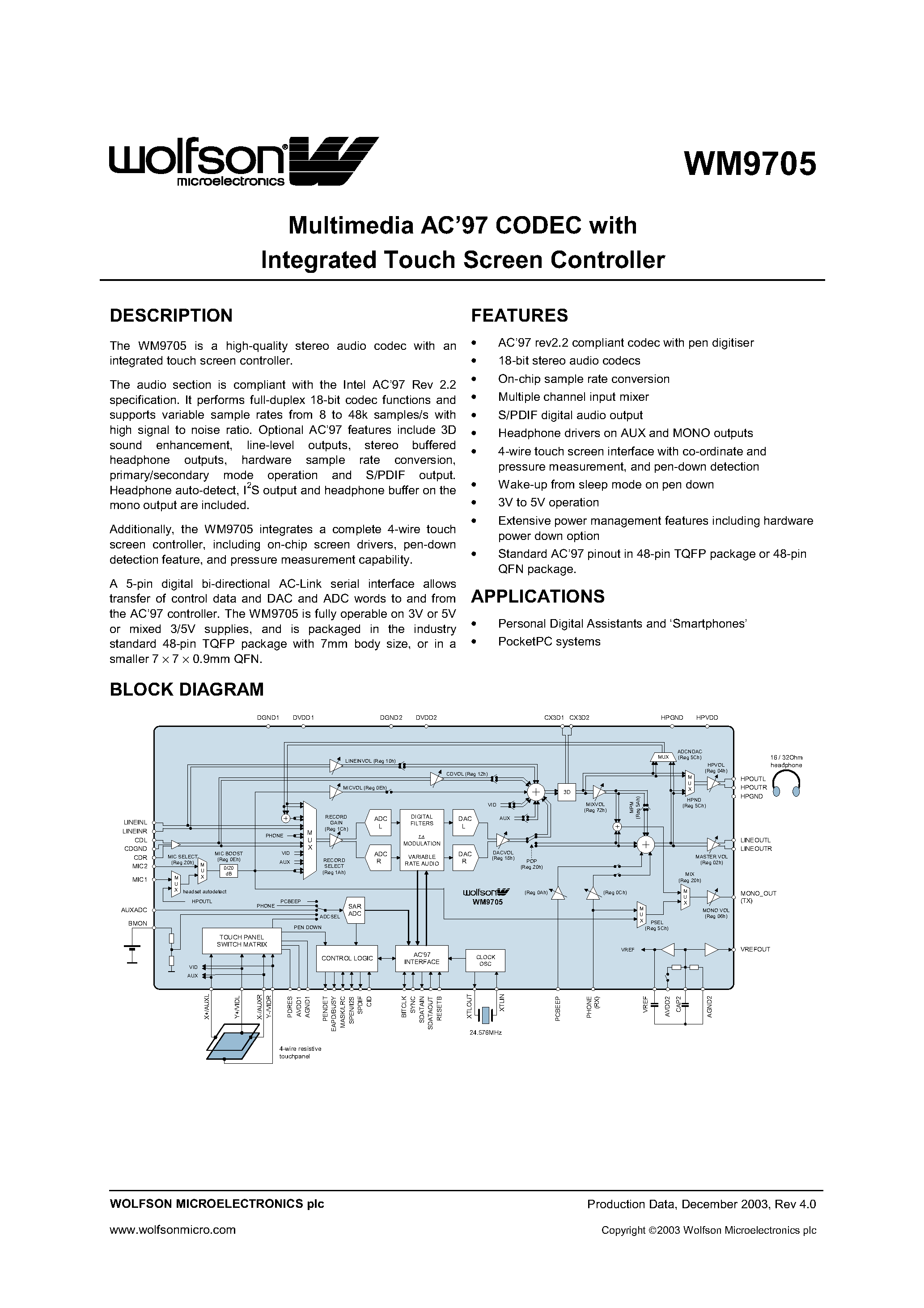 Даташит XWM9705EFT/V - Multimedia AC97 CODEC with Integrated Touch Screen Controller страница 1