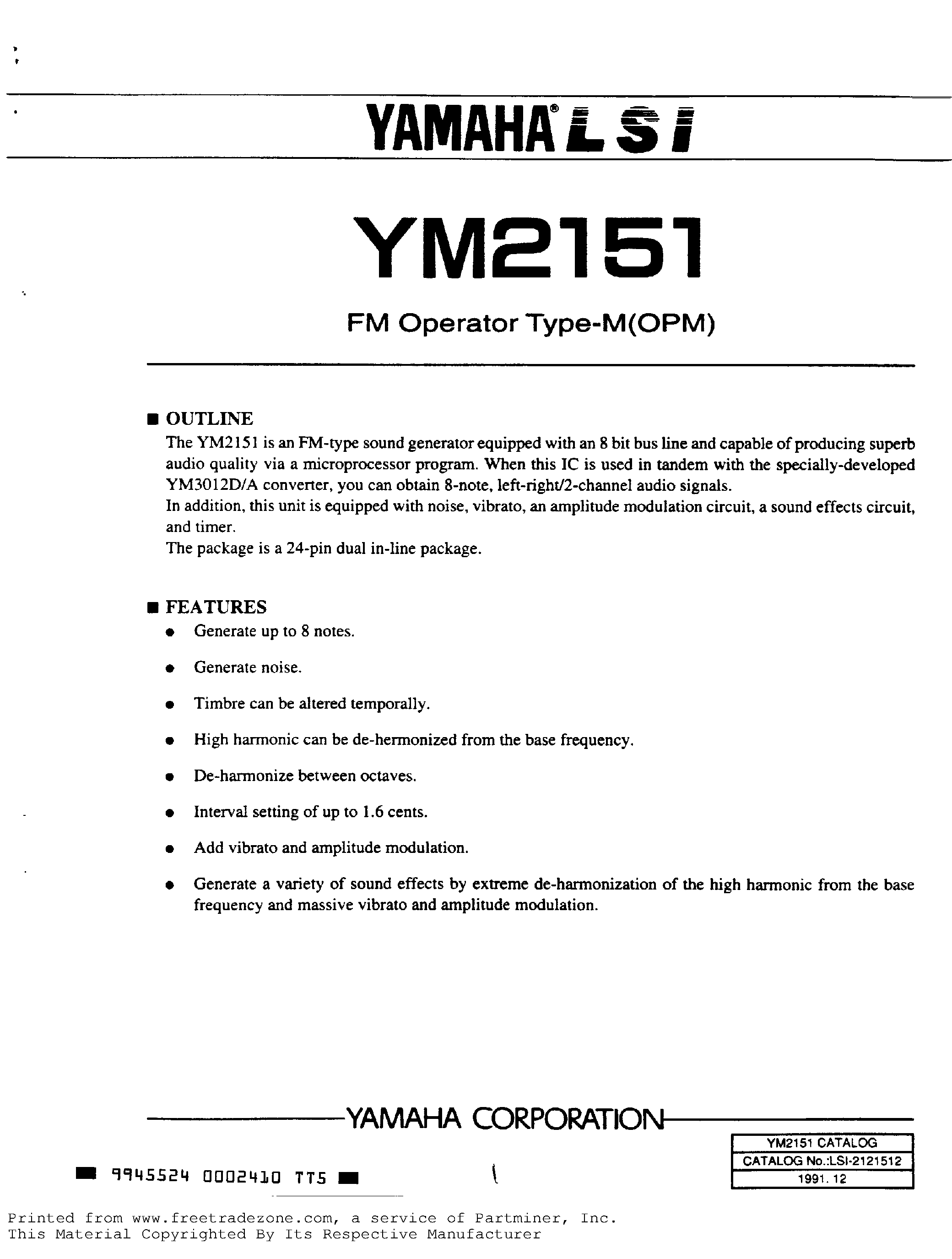 Даташит YM2151 - FM Operator Type-M(OPM) страница 1